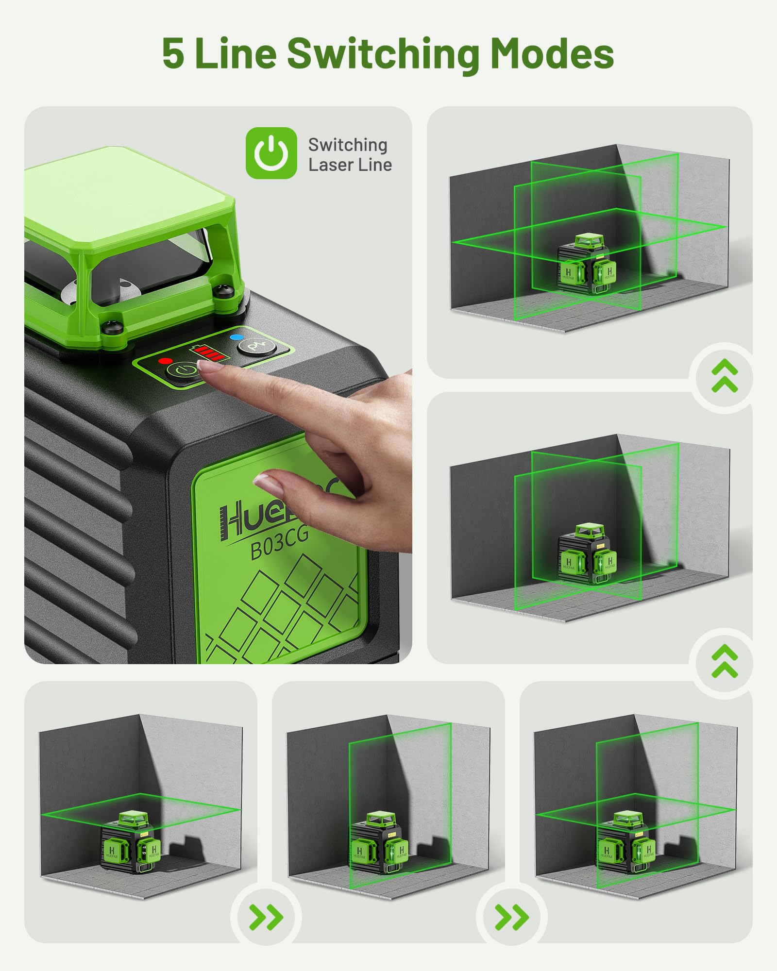 Huepar B03CG Professional 3D Laser Level 360° Self Leveling with 50" Tripod, 3x360 Niveau Laser Tool, 3 Plane Cross Line Lazer Leveler Green Beam, Type-C Charging Port Included
