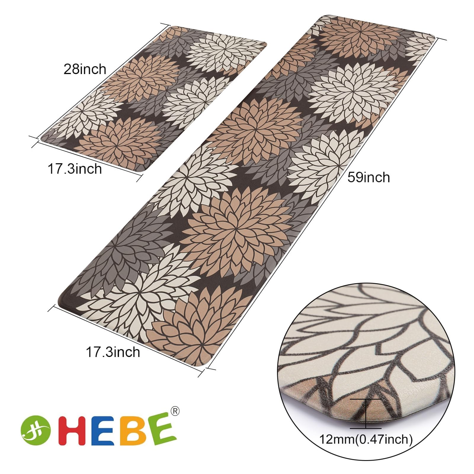 HEBE Anti Fatigue Kitchen Rugs Sets of 2, Non Slip Kitchen Mats for Floor, Waterproof Cushioned Comfort Standing Carpet for Kitchen Sink, Home Office, Laundry Room