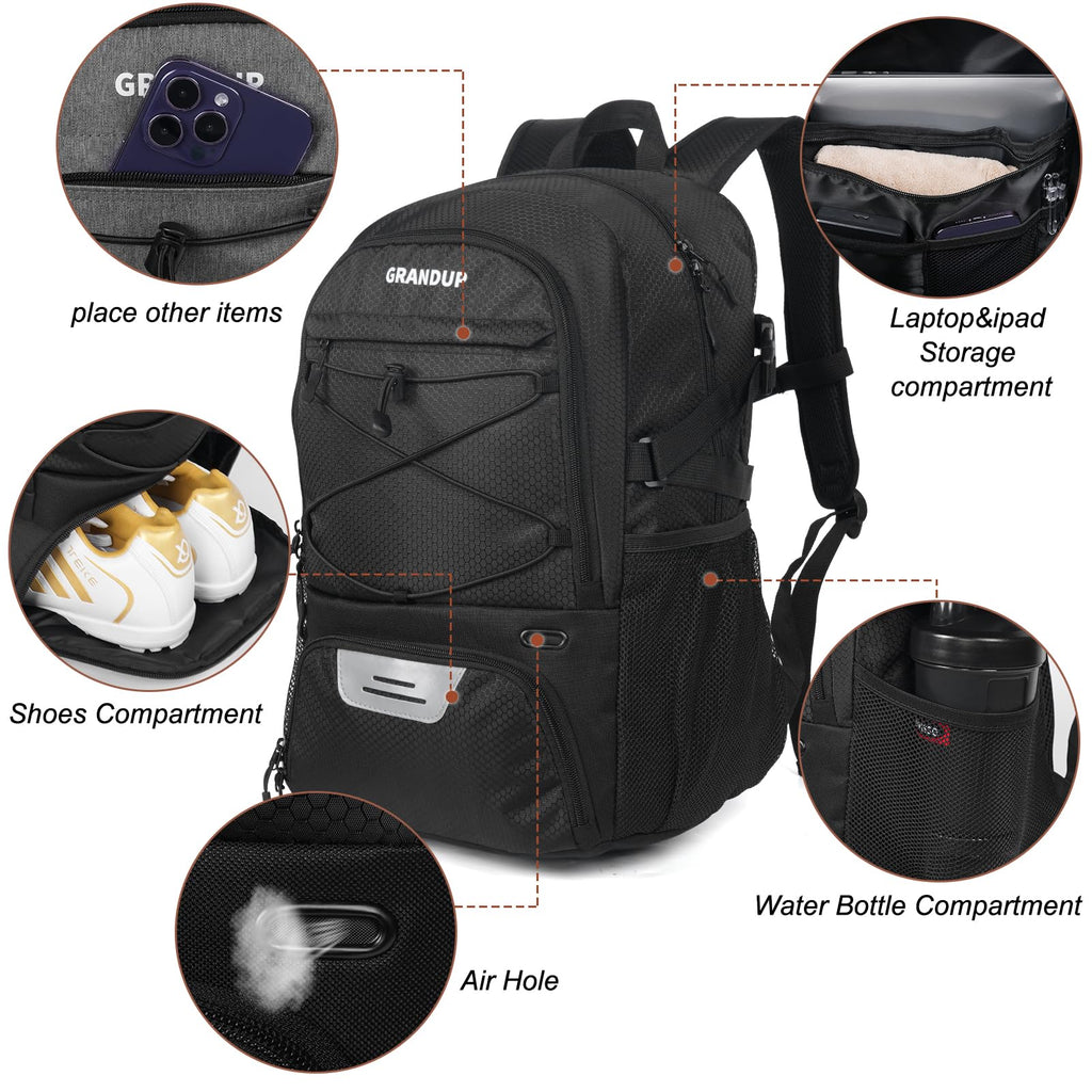 GRANDUP Basketball backpack with ball and shoes compartment Fit Volleyball, soccer, Swim, Gym, Travel, and School, large capacity sports training equipment bags