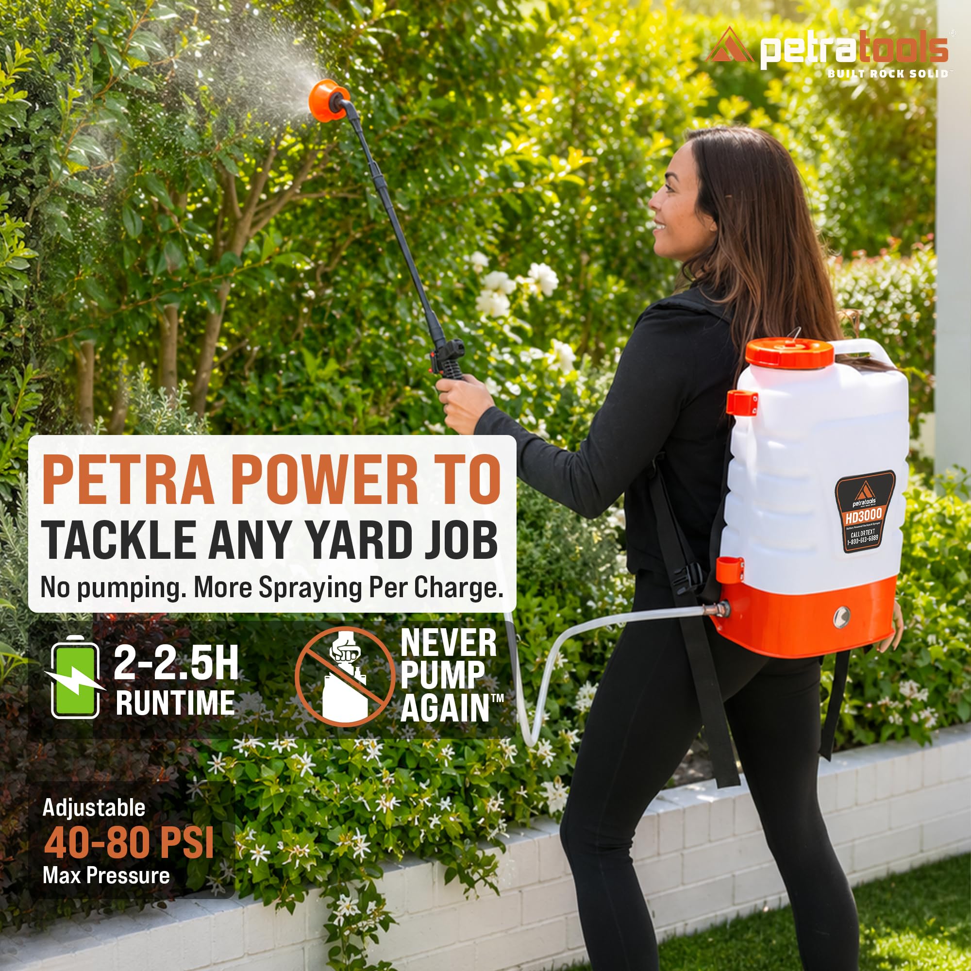 PetraTools 3 Gallon Battery Powered Backpack Sprayer in Lawn and Garden - HD3000 - Long Battery Life & Padded Straps for Comfort - Electric Sprayer w/ 6 Spray Nozzles & 80PSI (3 Gallon)