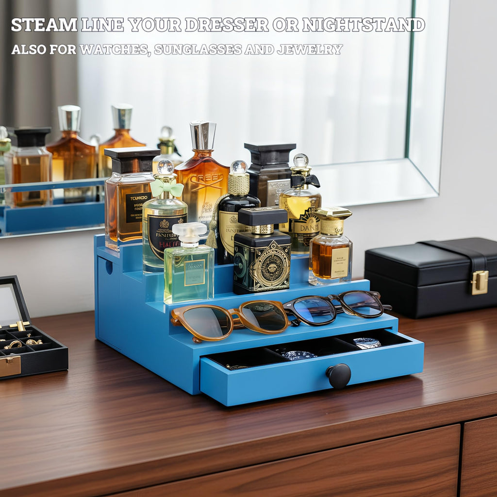 Wooden Cologne Organizer for Men 3 Tier | Black Perfume Holder Shelf for Dresser | High Grade Velvet Lining and Stylish Gift Box | Uncluttered Design Perfume Display Stand