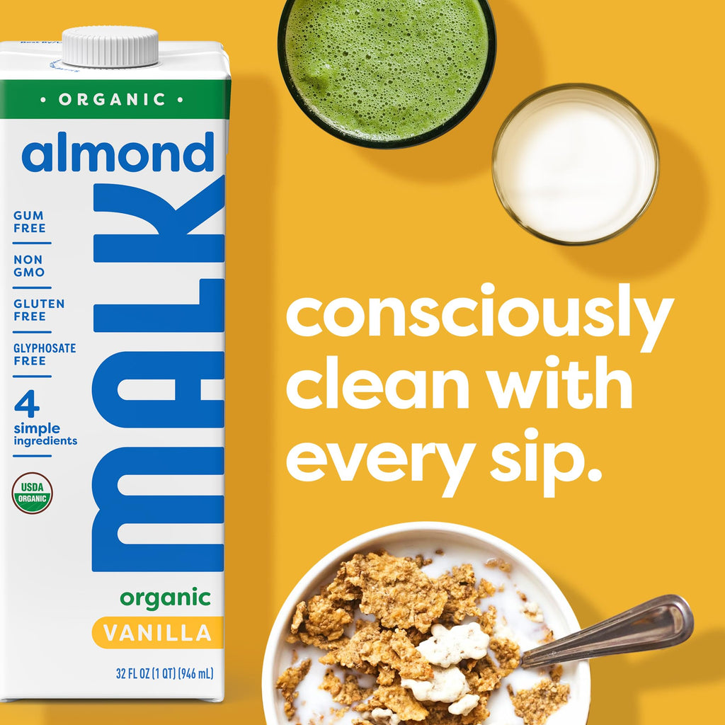MALK Almond Milk Unsweetened (32oz, Pack of 6) - Shelf Stable Organic Almond Milk, Non GMO, Whole 30, Dairy Free, Vegan, Plant Based, No Gums or Fillers - Malk for Smoothies, Cereal, Coffee,Creamer