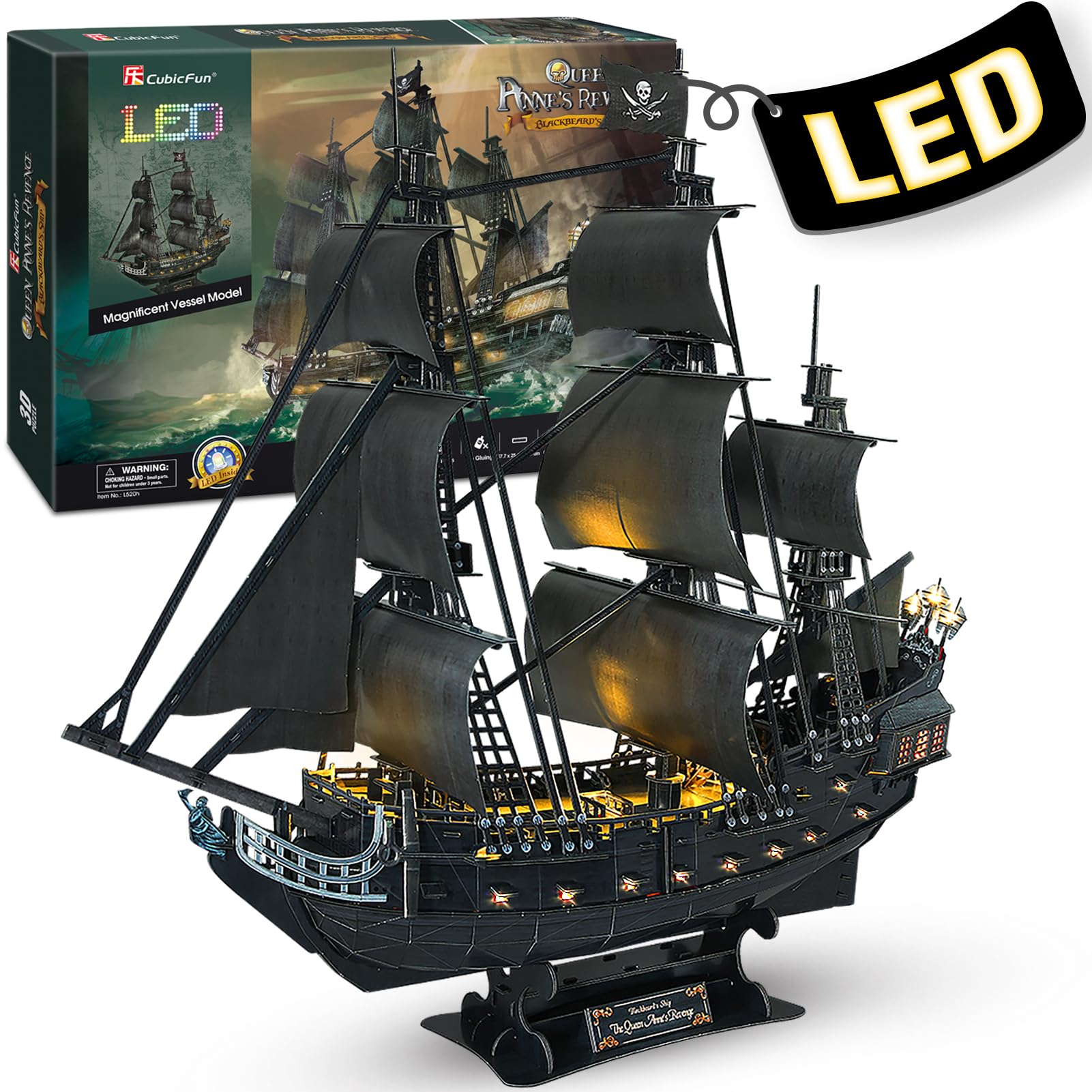 CubicFun 3D Puzzles for Adults - Led Pirate Ship Queen Anne's Revenge - Large 27'' Sailboat Puzzles - Desk Decor, Anniversary Teacher Appreciation Gifts High School Graduation Gifts