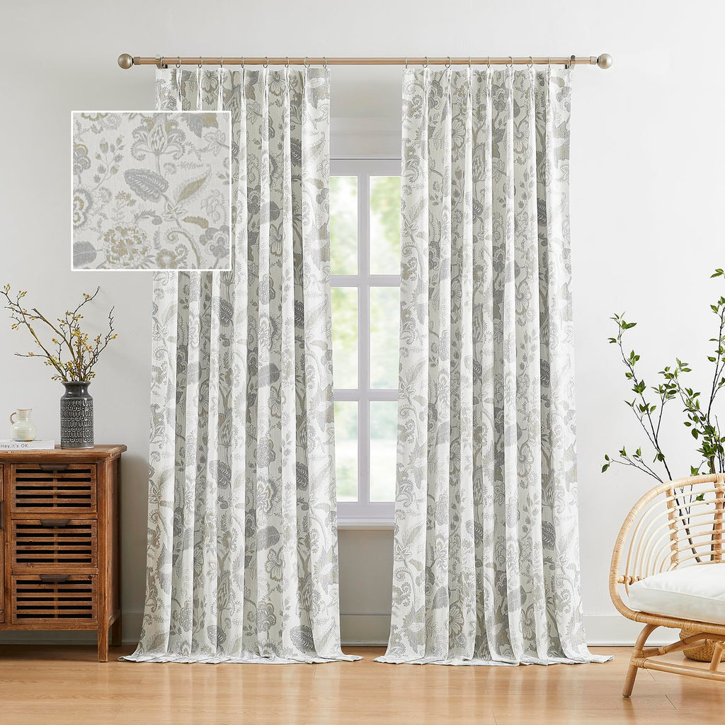 Kayne Studio Pinch Pleated Full Blackout Window Curtain Panels Botanical Floral Boho Leaf Print Country Farmhouse GreenYellow Room Darkening Thermal Insulated Window Treatment Bedroom,40"x84",2 Panels