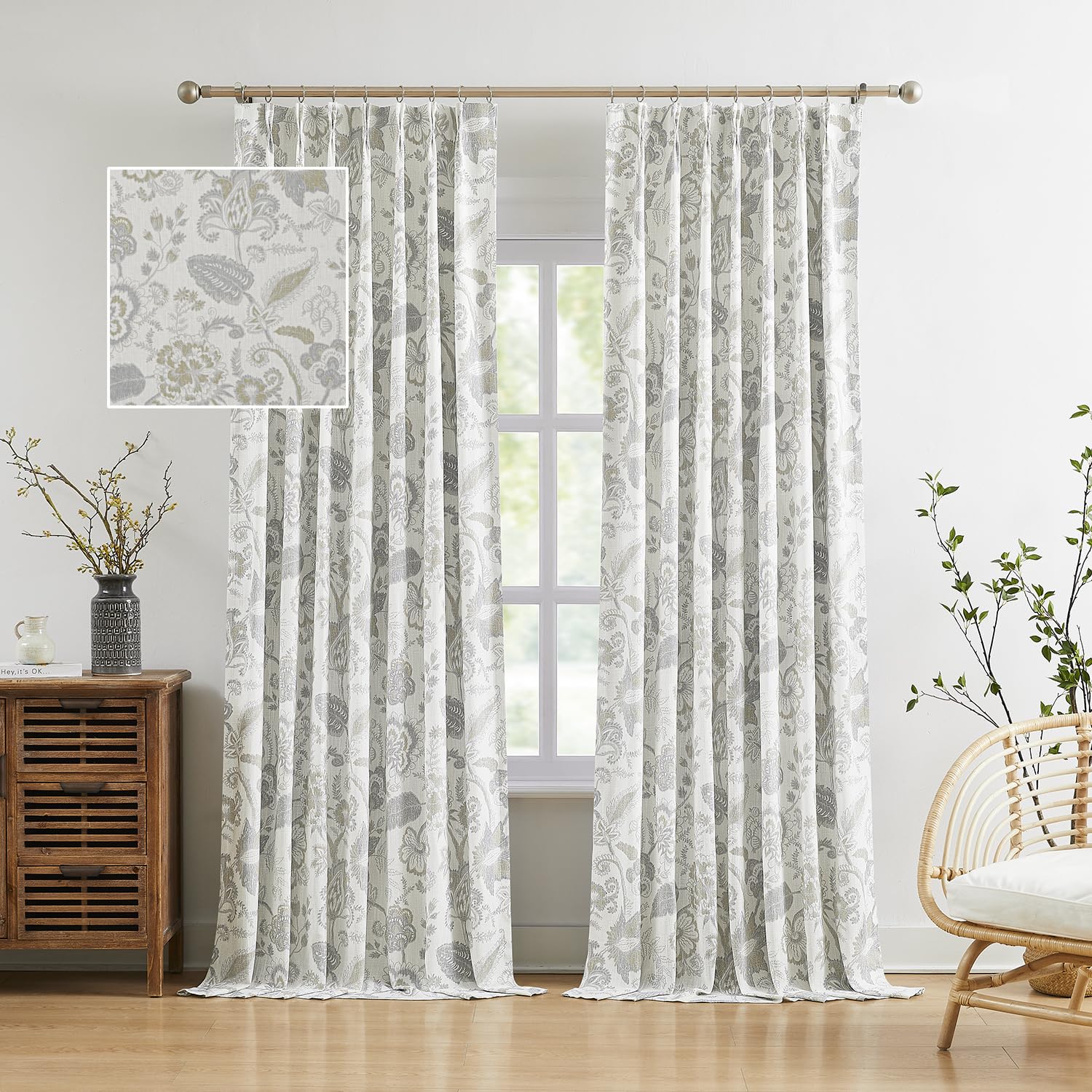 Kayne Studio Pinch Pleated Full Blackout Window Curtain Panels Botanical Floral Boho Leaf Print Country Farmhouse GreenYellow Room Darkening Thermal Insulated Window Treatment Bedroom,40"x84",2 Panels