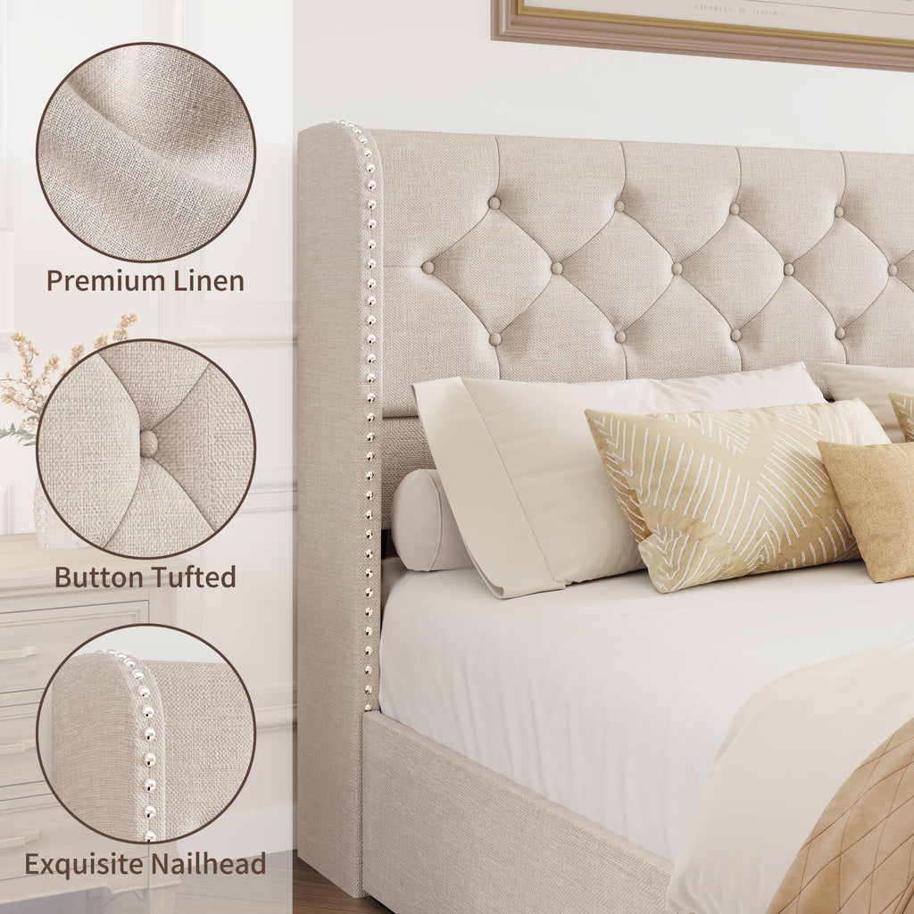 BRELTAM Full Size Bed Frame with Storage Drawers and Wingback Headboard Linen Upholstered Platform Bed Frame Tufted Beds with Heavy Duty Wood Slats, Noise Free, Easy Assembly, Beige