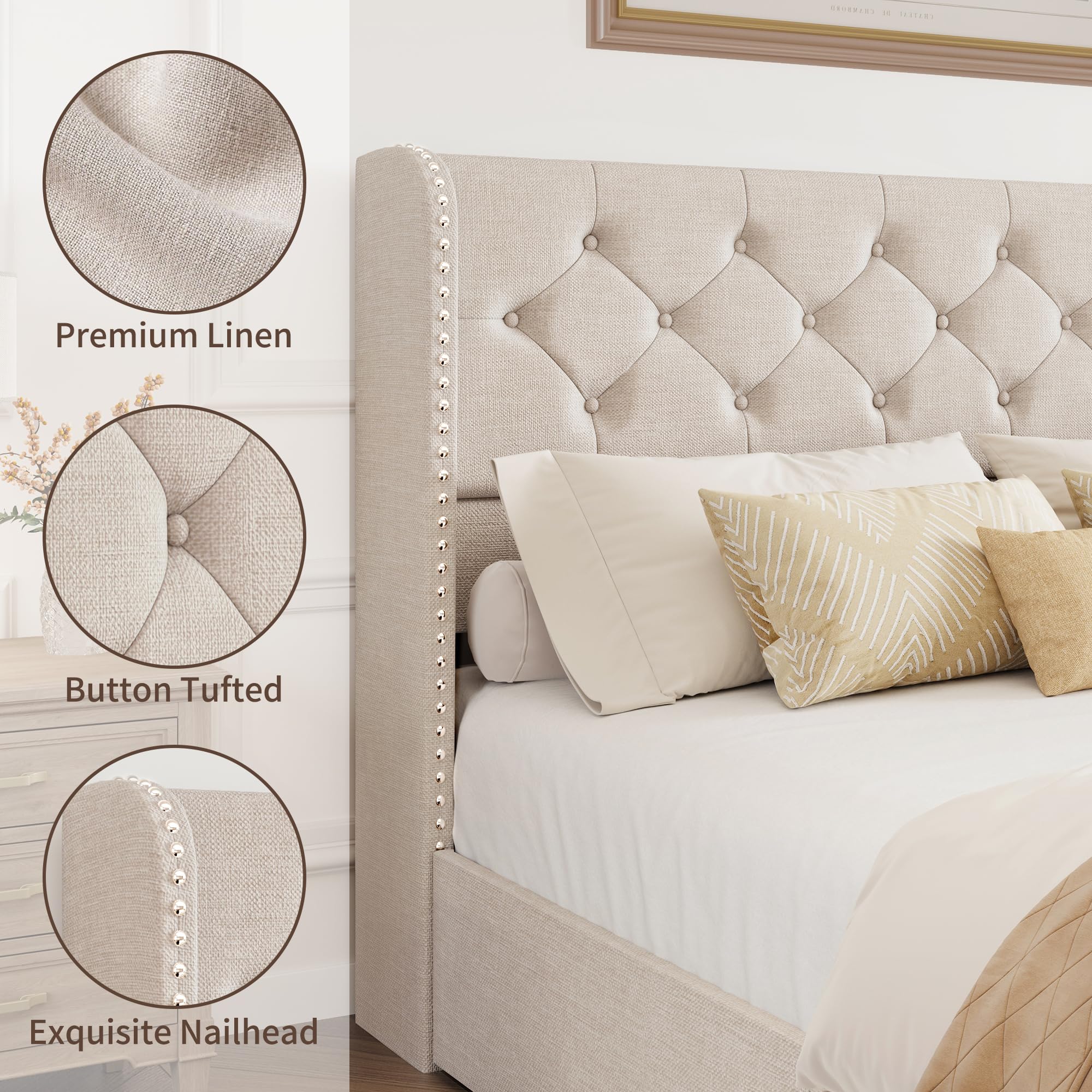 BRELTAM Full Size Bed Frame with Storage Drawers and Wingback Headboard Linen Upholstered Platform Bed Frame Tufted Beds with Heavy Duty Wood Slats, Noise Free, Easy Assembly, Beige