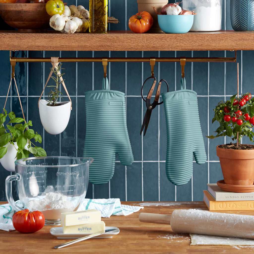 KITCHENAID Ribbed Soft Silicone Oven Mitt 2-Pack Set, 7.5"x13", Aqua Sky
