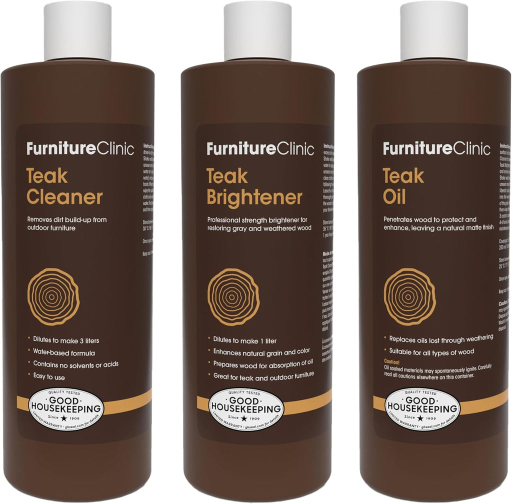 Furniture Clinic Teak Care Kit | For Teak Outdoor Wood Patio Furniture | Clean, Brighten, Nourish, and Protect Treated and Untreated Wood | Contains Cleaner, Brightener, & Oil