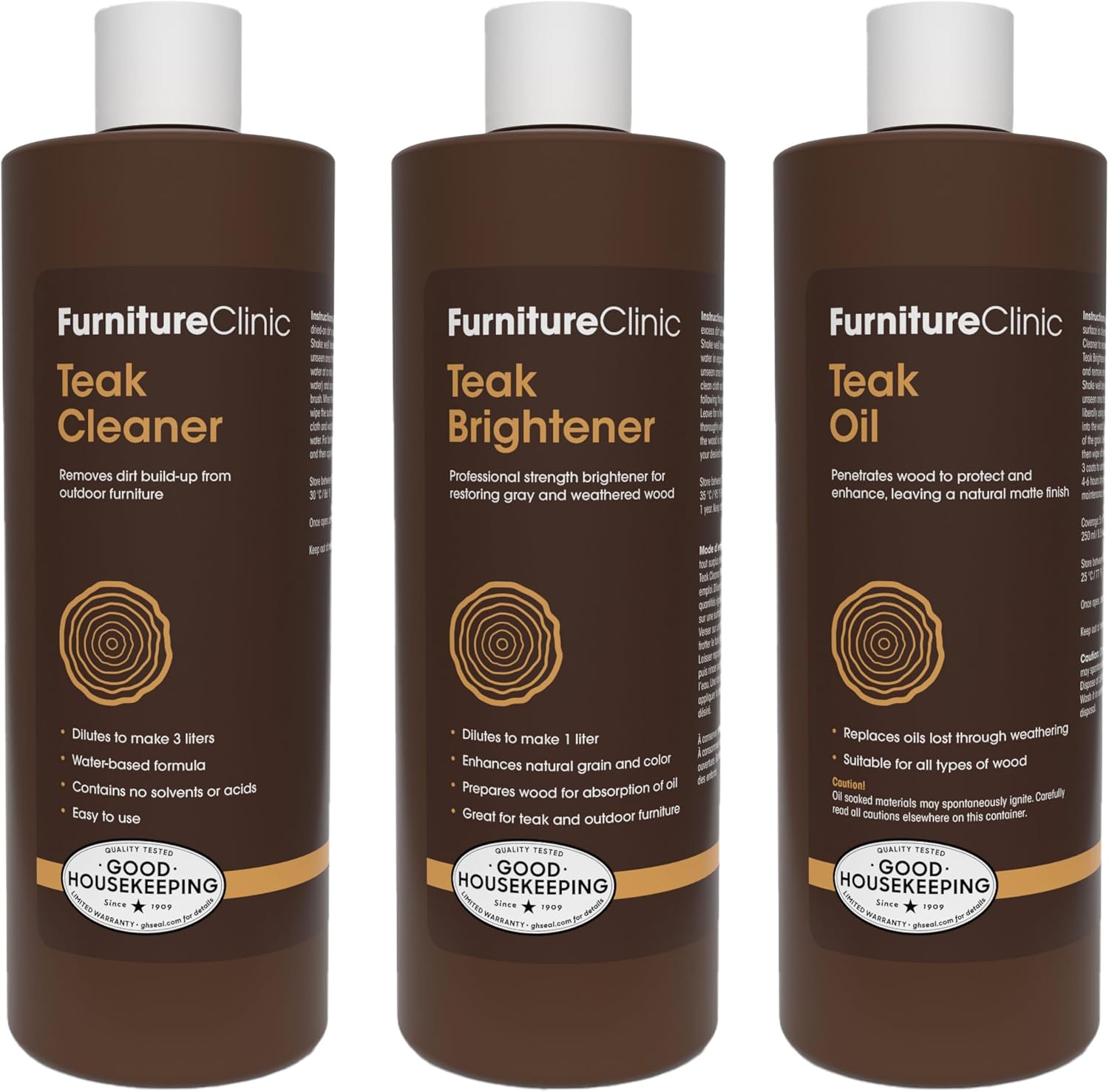 Furniture Clinic Teak Care Kit | For Teak Outdoor Wood Patio Furniture | Clean, Brighten, Nourish, and Protect Treated and Untreated Wood | Contains Cleaner, Brightener, & Oil
