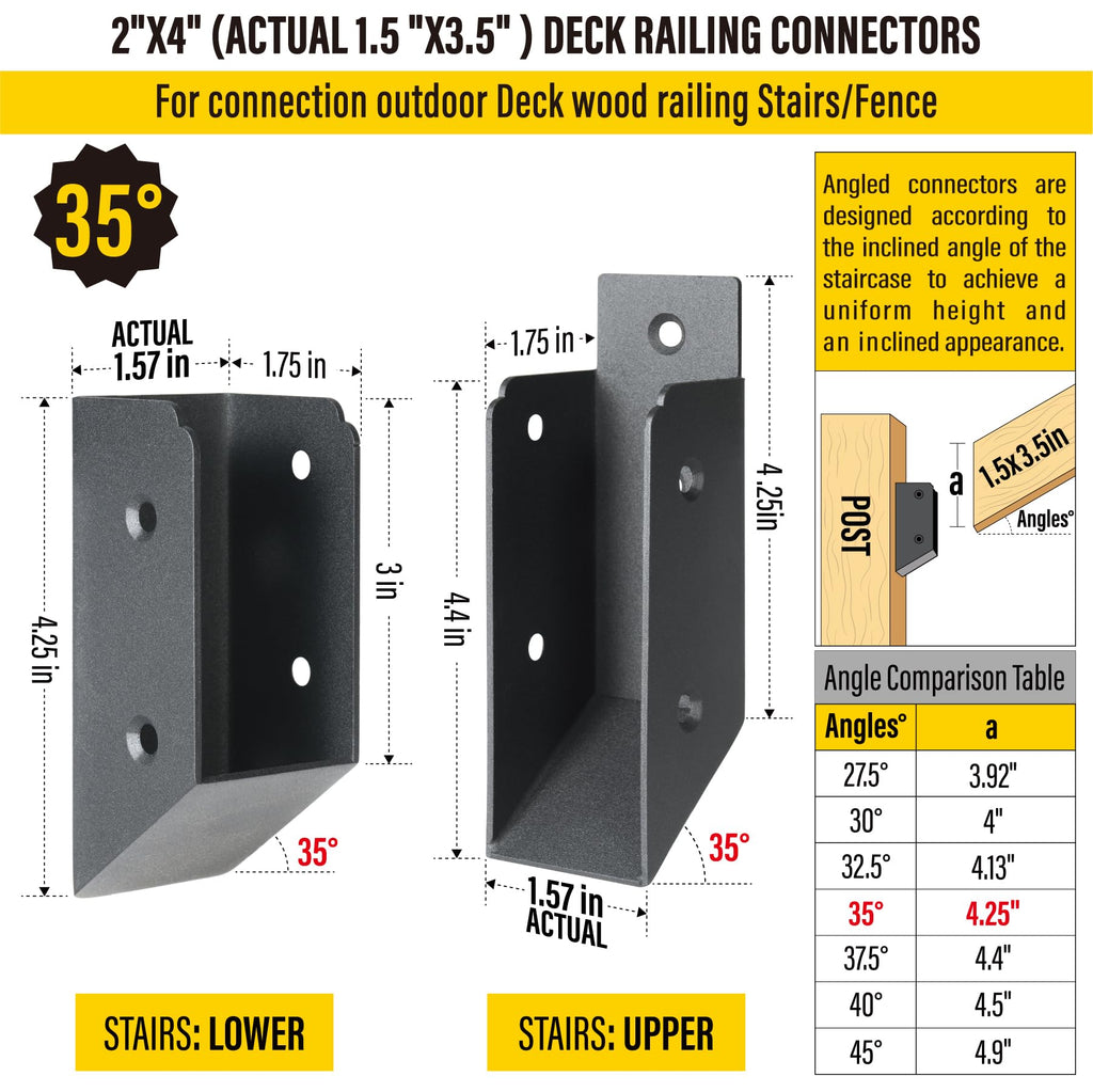 AECXM 201 Stainless Steel 2" x 4" (1 ½" x 3 ½" Actual) Deck Railing 27.5° Stair Connectors, for Deck Railing Stair Handrail Connection Installation Deck Railing Bracket (4 Pair-Black)