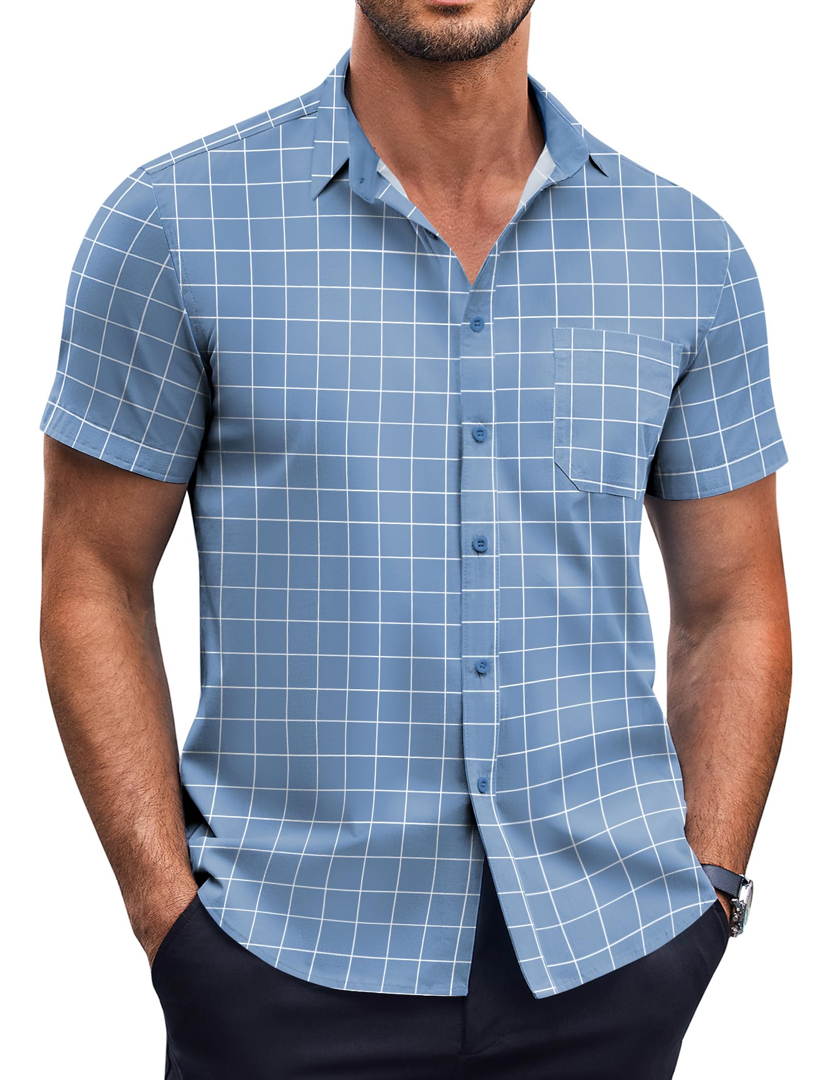 COOFANDY Mens Short Sleeve Button Down Shirts Wrinkle Free Dress Shirts Casual Polka Dot Print Shirt with Pocket