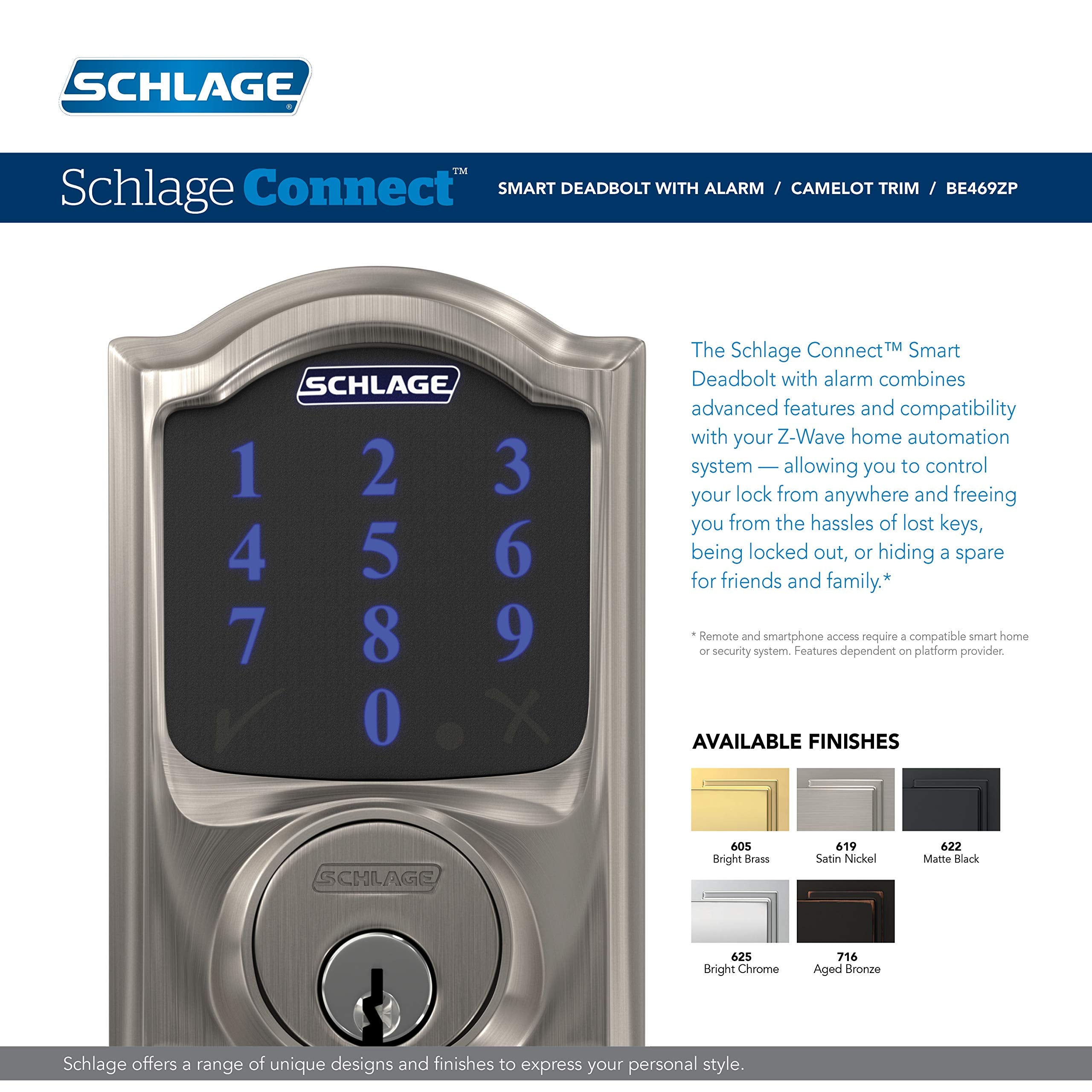 Schlage Connect Smart Deadbolt Lock with Touchscreen Keypad, Keyless Front Door Entry, Z-Wave Plus Compatible, Aged Bronze, BE469ZP CEN 716