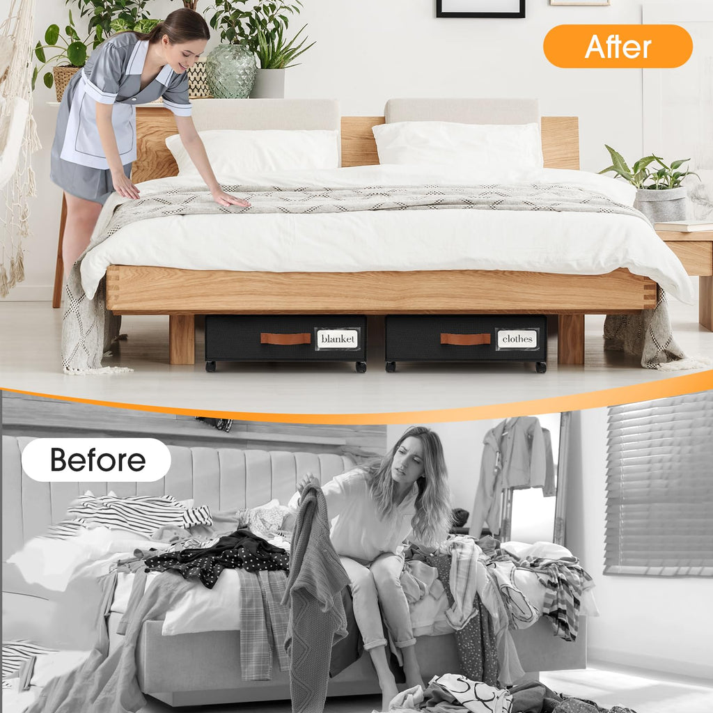 SpaceHacks Under Bed Storage with Wheels 1Pack Underbed Storage with Clear Window&Label Under Bed Drawers Large Capacity Rolling Under Bed Storage for Clothes,Shoes, Blankets (Beige)