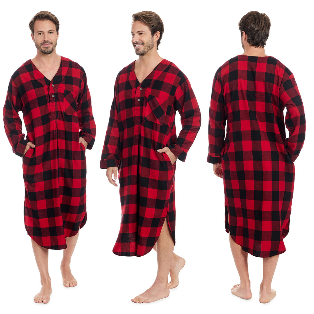 Andrew Scott Men's 2 Pack Lightweight Cotton Flannel Sleep Shirt, Long Henley Nightshirt Pajamas