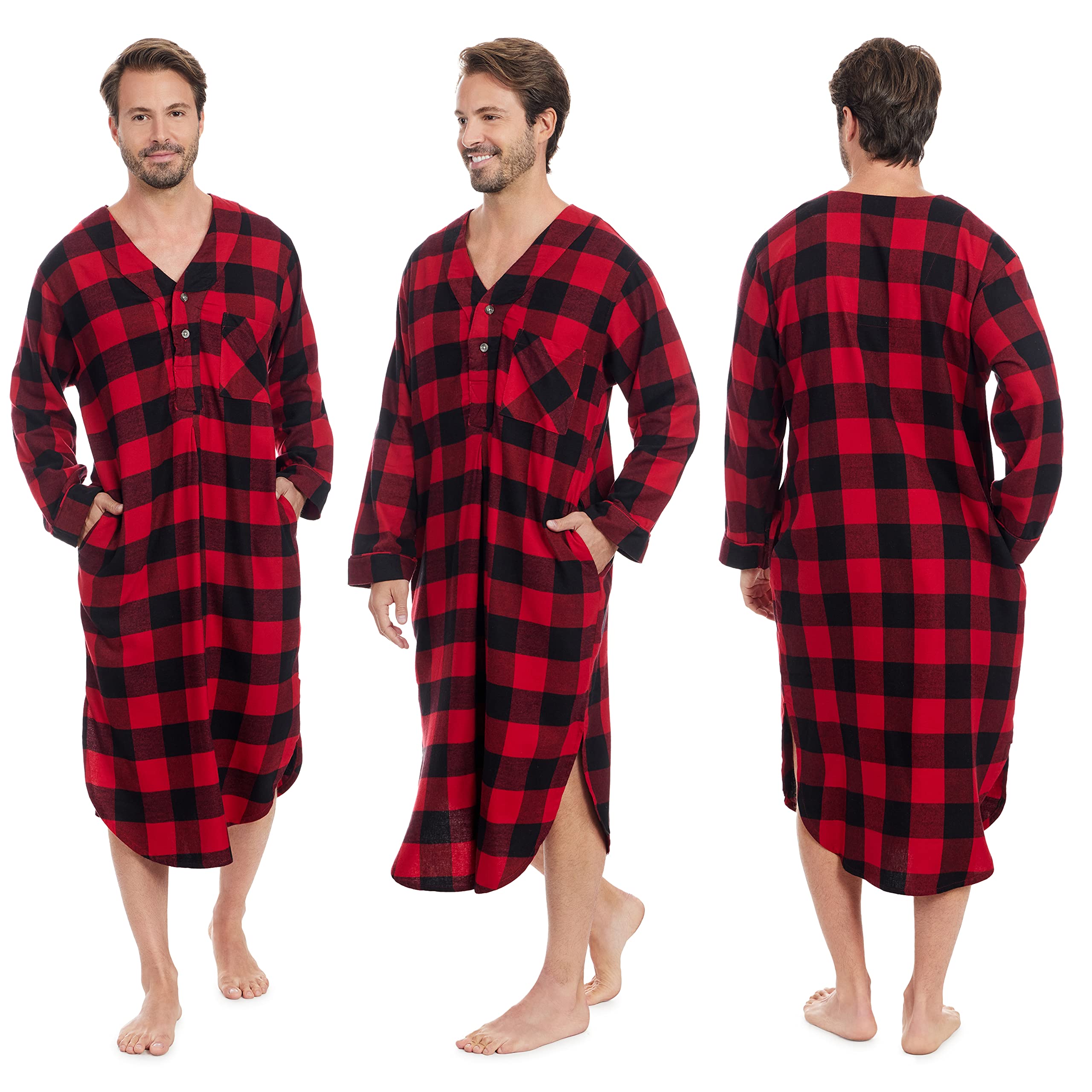 Andrew Scott Men's 2 Pack Lightweight Cotton Flannel Sleep Shirt, Long Henley Nightshirt Pajamas