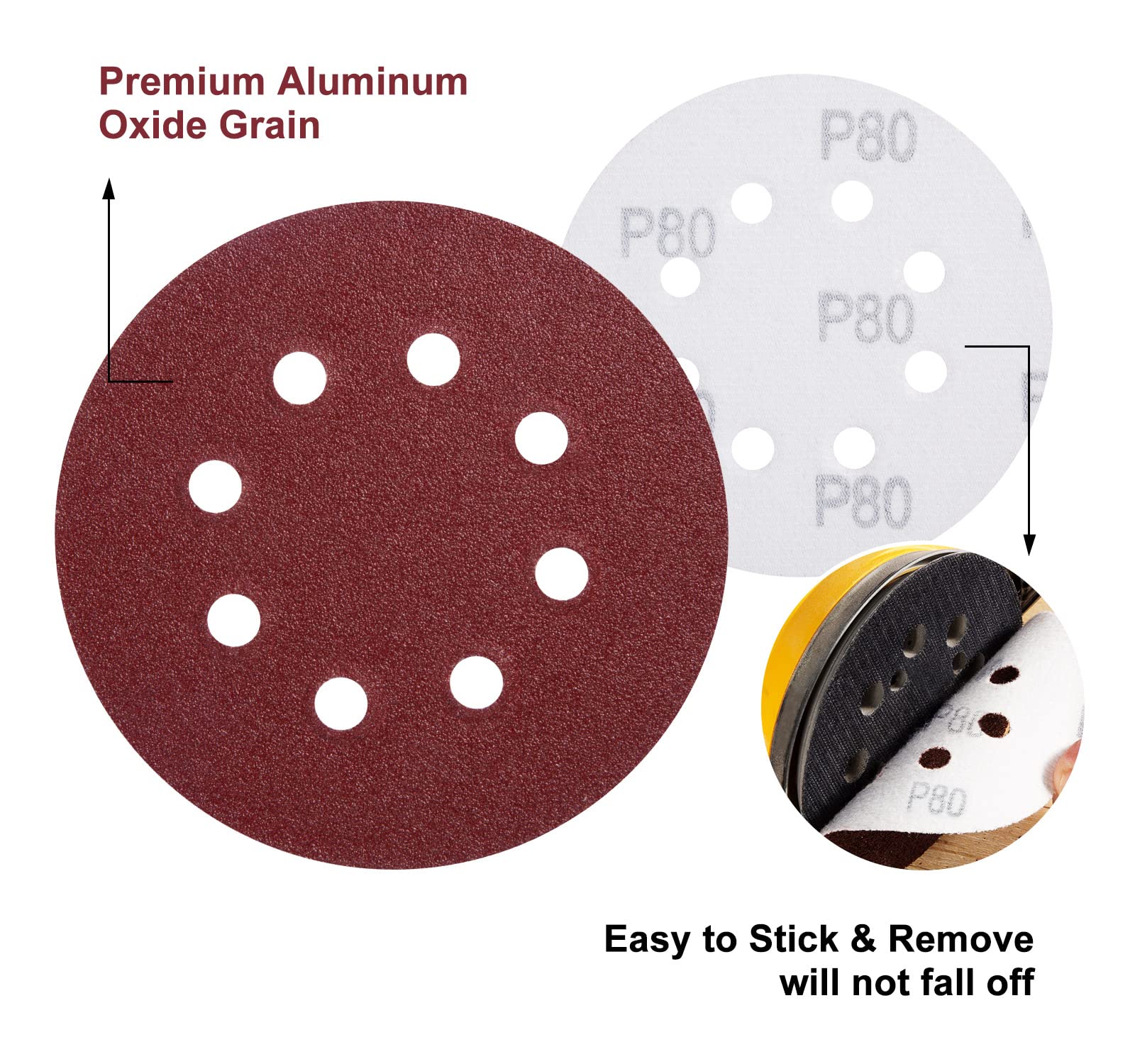 S SATC 72 PCS 5 Inch 8 Hole Hook and Loop Adhesive Sanding Discs Sandpaper for Random Orbital Sander 40 60 80 120 180 240 320 Grits