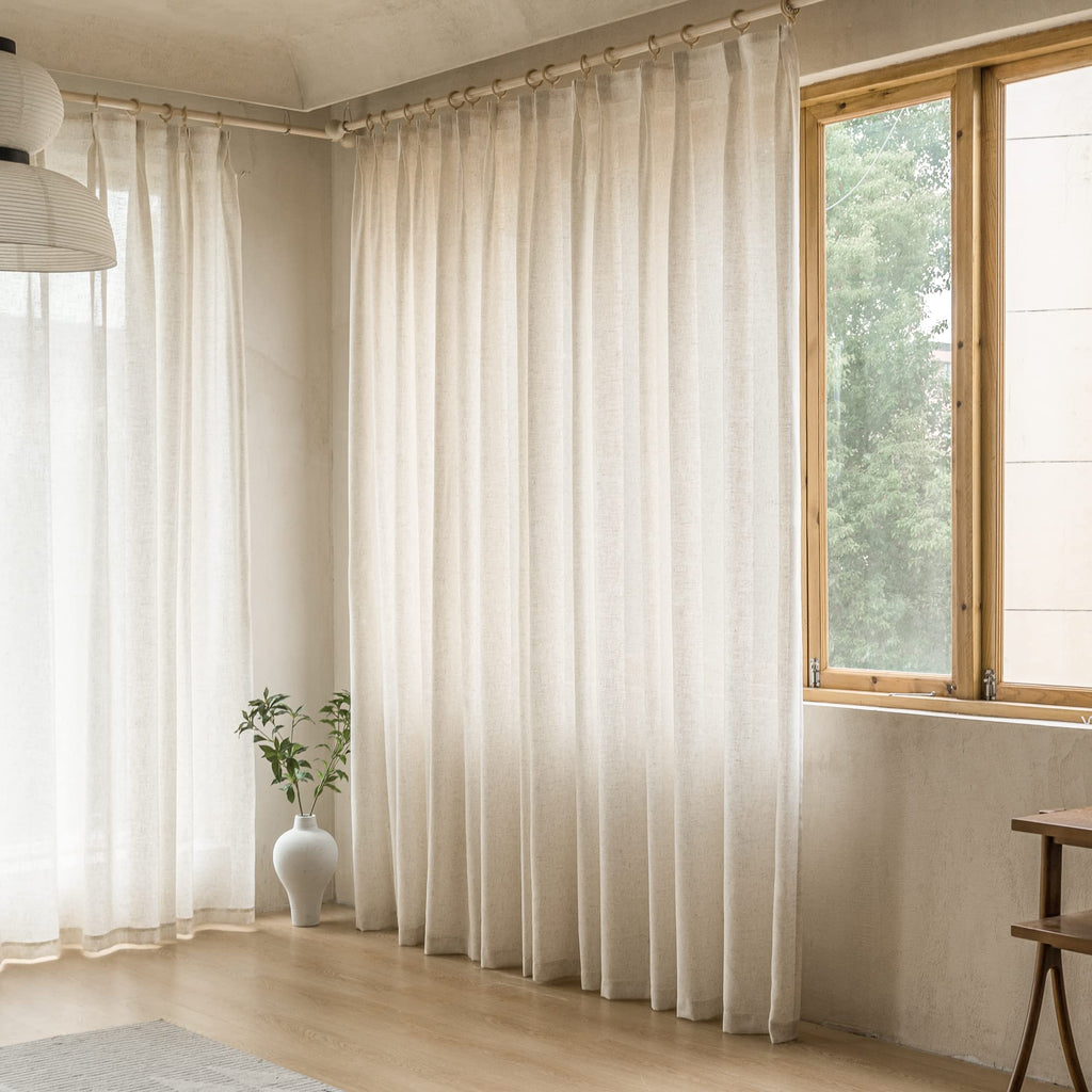 MAIHER Linen Textured Pleated Curtains 63 Inches Long for Living Room, Light Filtering Pinch Pleat Semi Sheer Drapes Curtains with Tieback and Hooks, Natural Linen (1 Panel, 54" W x 63" L)