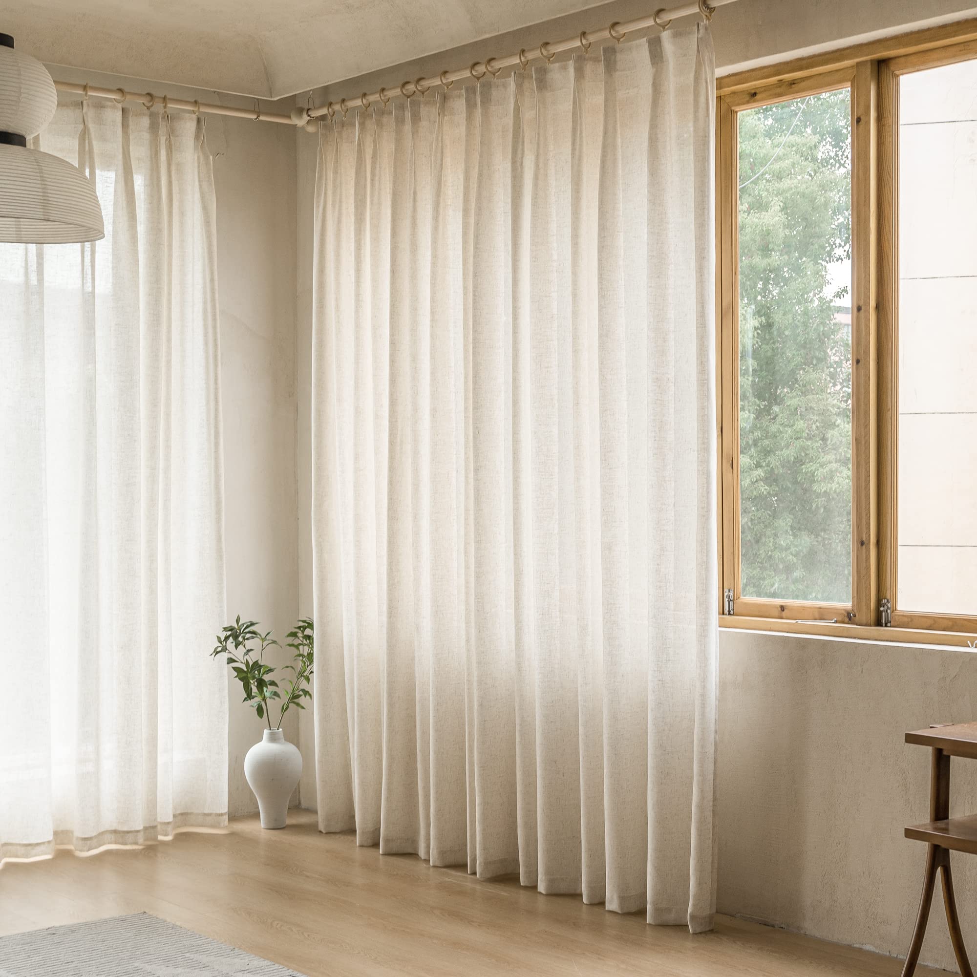 MAIHER Linen Textured Pleated Curtains 63 Inches Long for Living Room, Light Filtering Pinch Pleat Semi Sheer Drapes Curtains with Tieback and Hooks, Natural Linen (1 Panel, 54" W x 63" L)