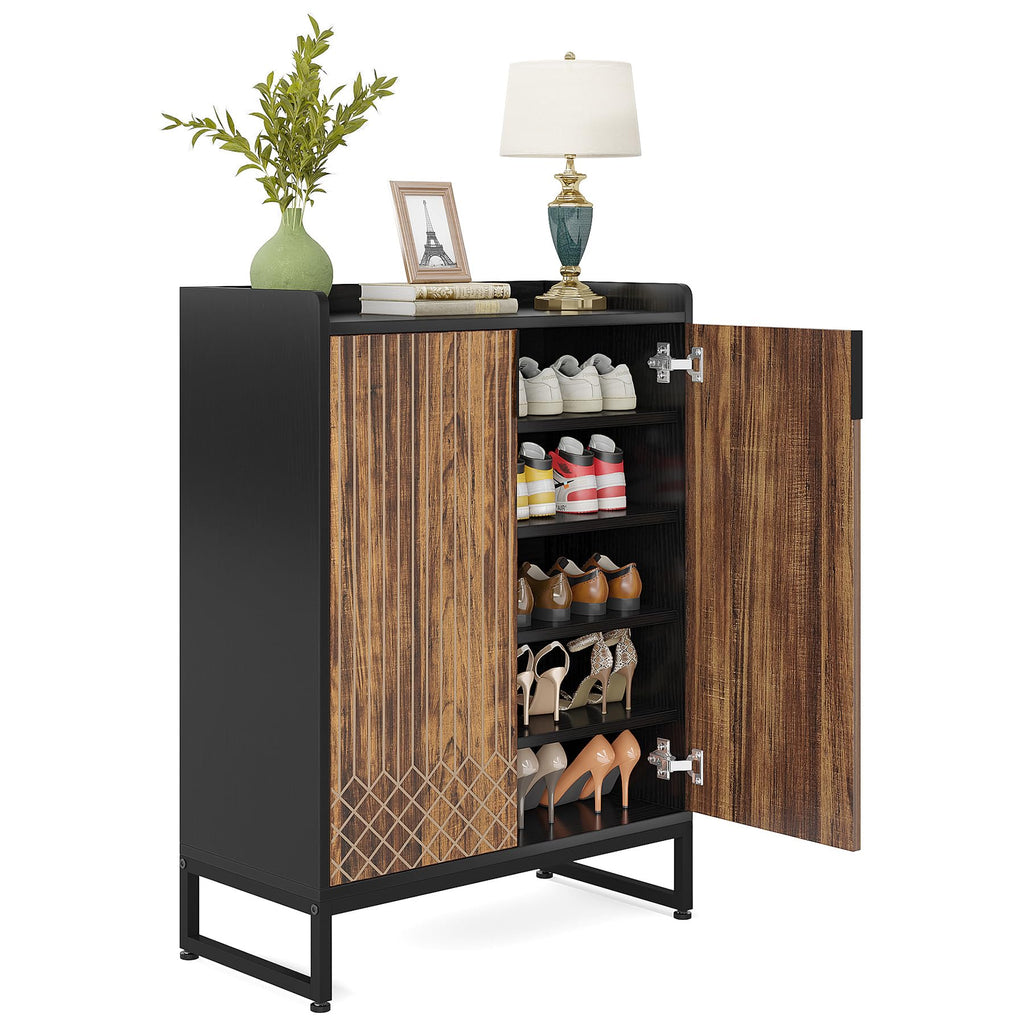 Tribesigns Modern Shoe Cabinet for Entryway, 25 Pairs Shoe Cabinet with Doors, Wood 5-Tier Shoe Organizer, Freestanding Brown Shoe Storage Cabinets with Black Metal Frame for Bedroom Living Room
