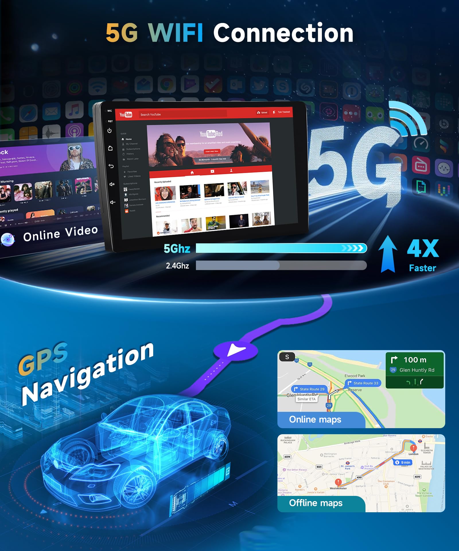 5G WiFi Android 15 Car Stereo for Chevrolet Chevy Camaro 2008–2015 Wireless Carplay Android Auto,9" HD IPS Touchscreen Car Radio Support GPS/10band DSP Audio/Bluetooth/FM/SWC/Backup Camera