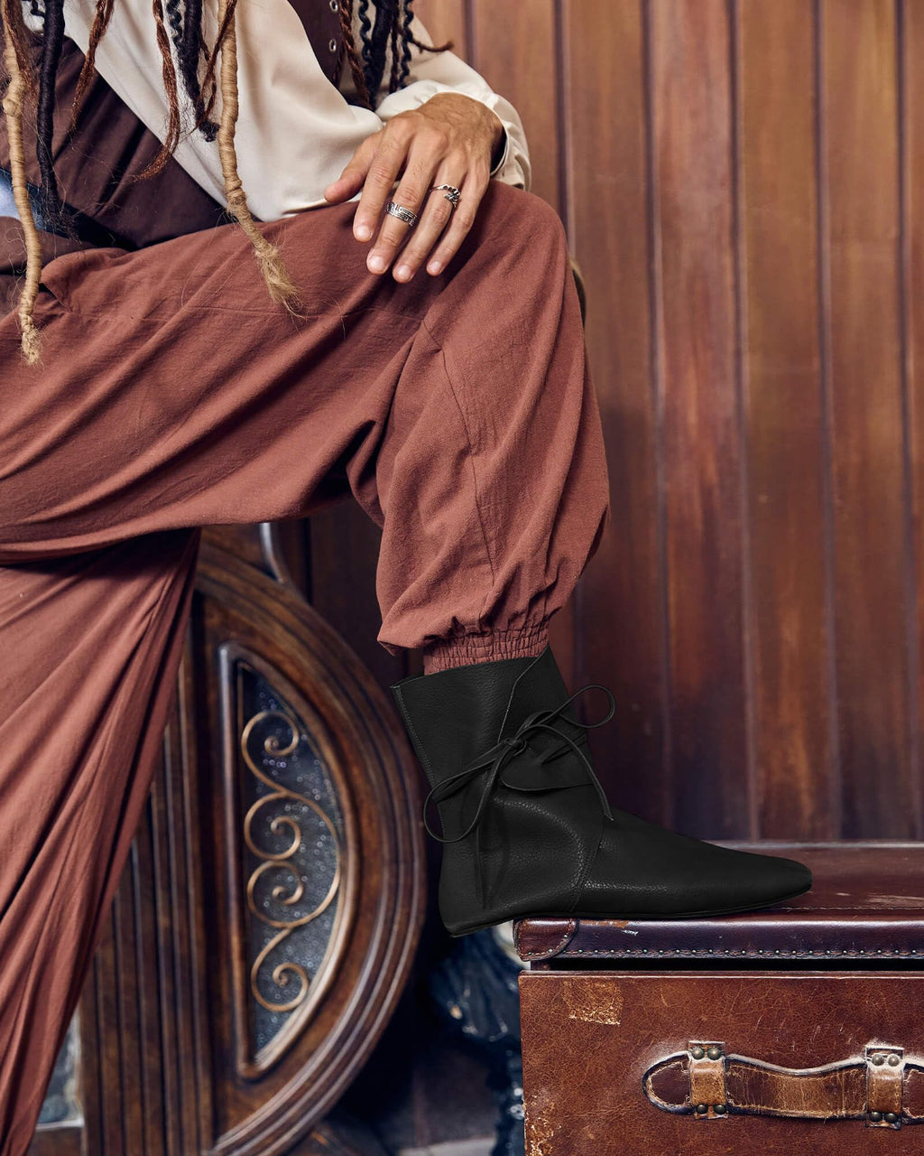 Syktkmx Mens Renaissance Boots Slip on Lace Up Medieval Cosplay Western Pirate Viking Tied Halloween Cuff Shoes