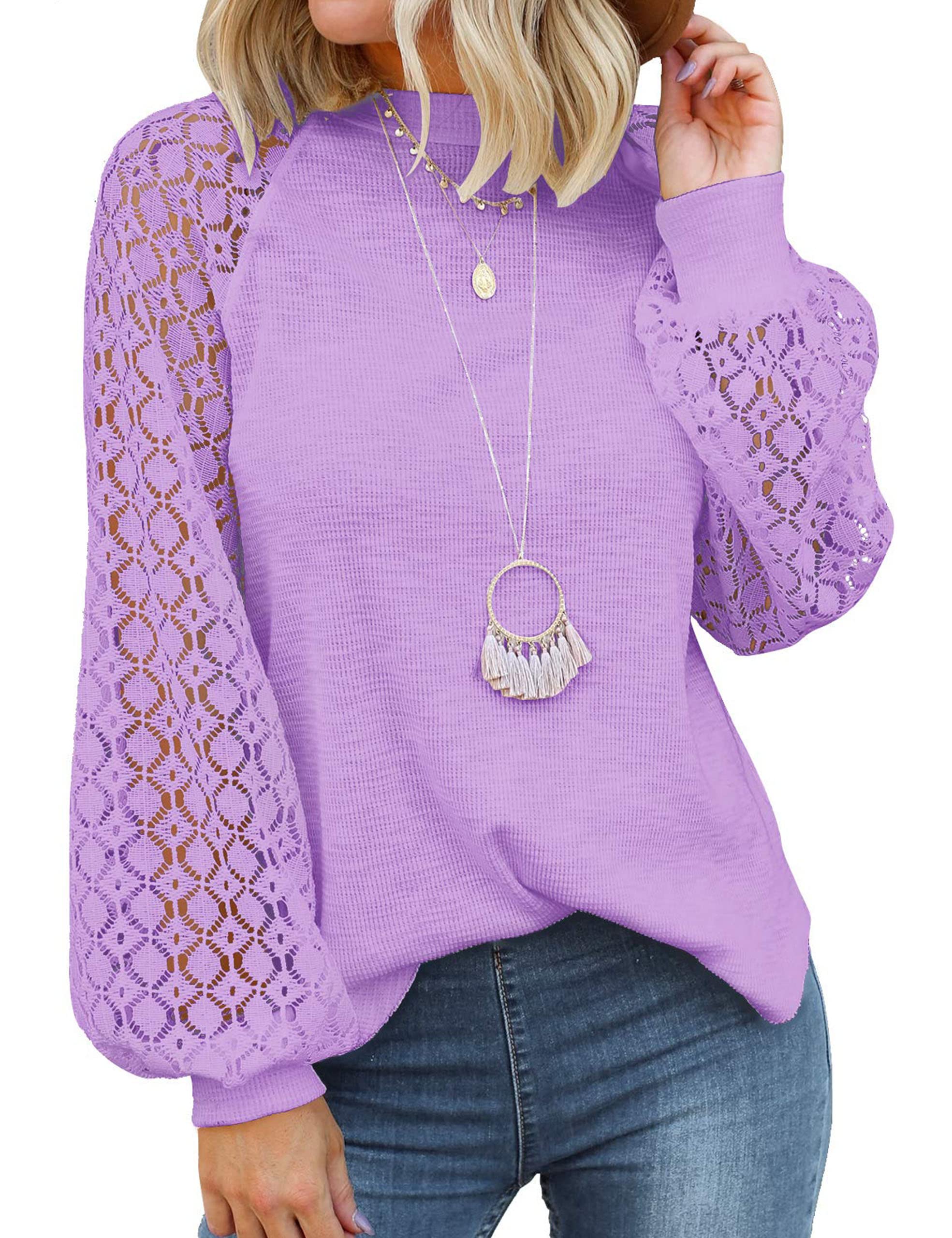 MIHOLL Women's Long Sleeve Tops Lace Casual Loose Blouses Shirts Dressy Outfits