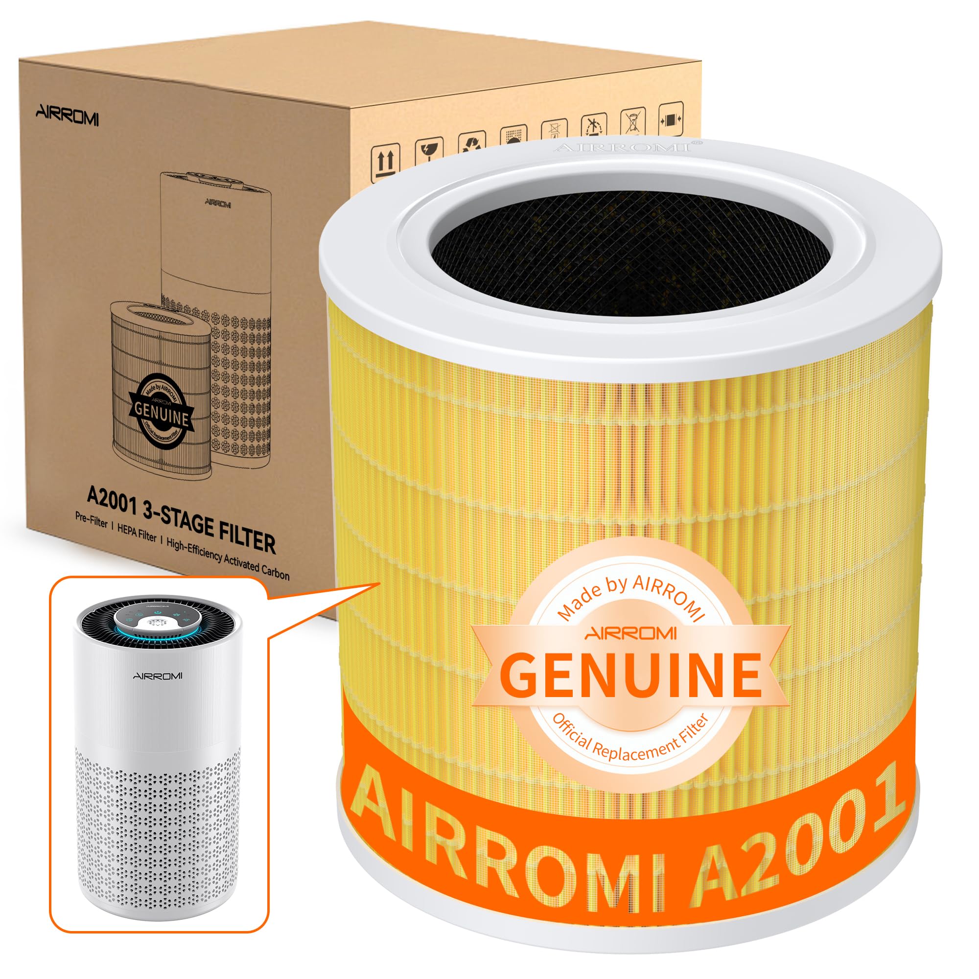 AIRROMI A2001 HEPA Air Purifier Replacement Filter, 3-In-1 Original Filter, Remove 99.97% of 0.3 Micron Particle 2 Pack White Activated Carbon