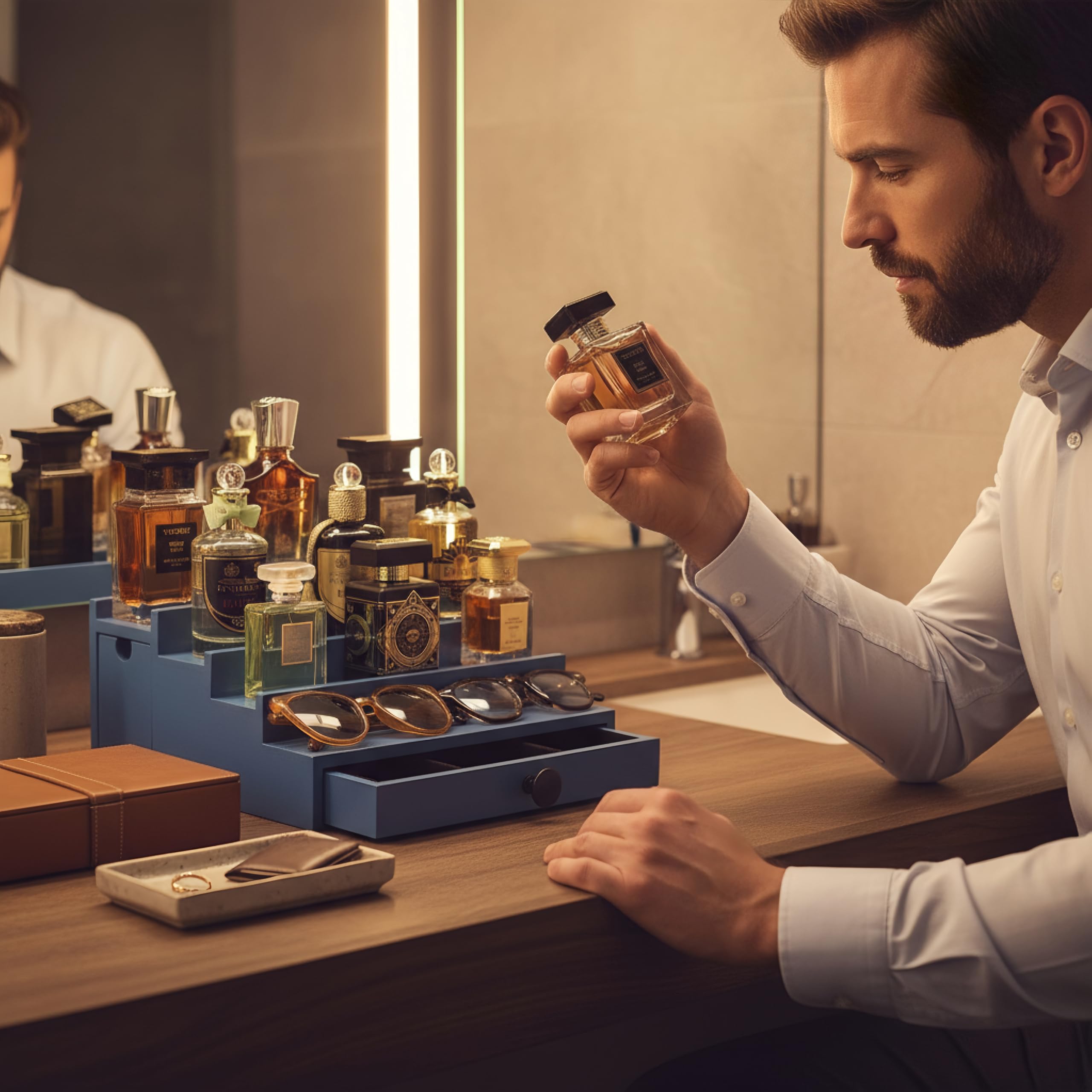 Wooden Cologne Organizer for Men 3 Tier | Black Perfume Holder Shelf for Dresser | High Grade Velvet Lining and Stylish Gift Box | Uncluttered Design Perfume Display Stand