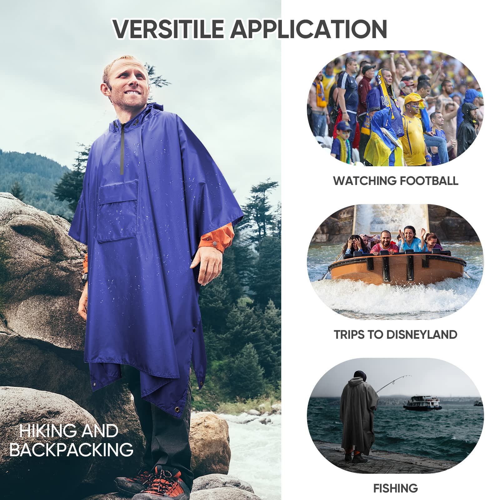 PTEROMY 3-in-1 Hooded Rain Poncho for Adult with Pocket, Waterproof Lightweight Unisex Raincoat for Hiking Camping Emergency