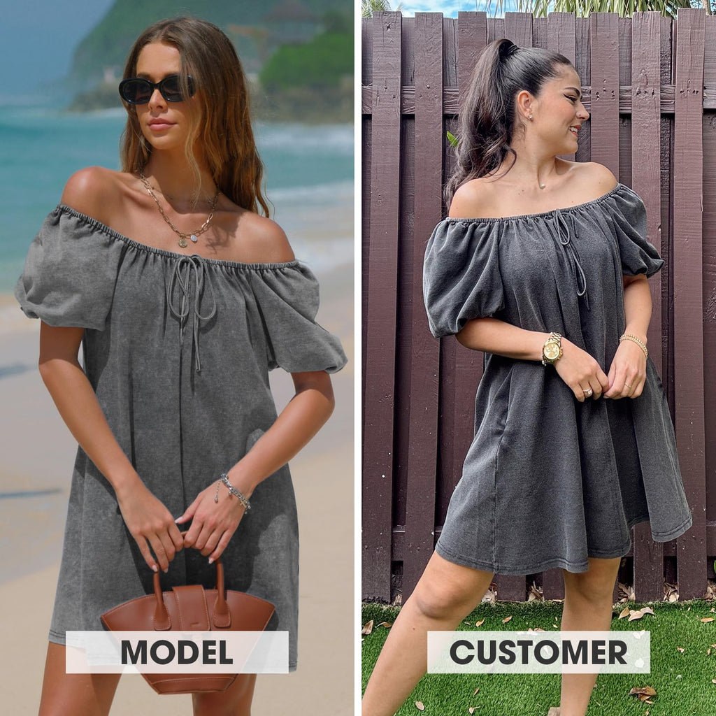 EXLURA Womens Summer Denim Short Puff Sleeve Dresses Knit Loose Plus Size Short Mini Dress 2026 Trendy Spring Outfits