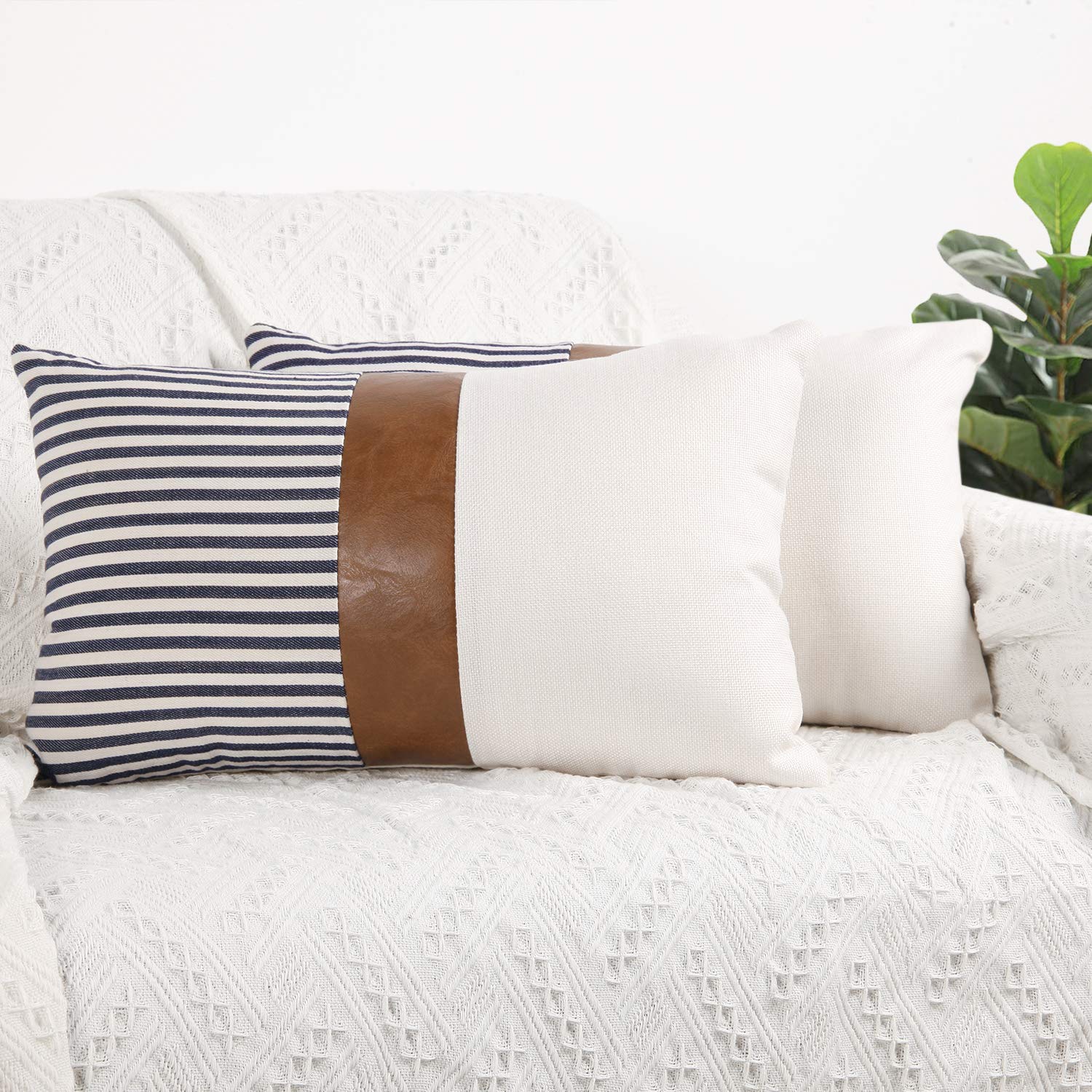 16x16 inch Pillow Covers Set of 2 Farmhouse Decor Stripe Patchwork Linen Throw Pillow Covers Modern Faux Leather Covers for Couch Sofa,Black