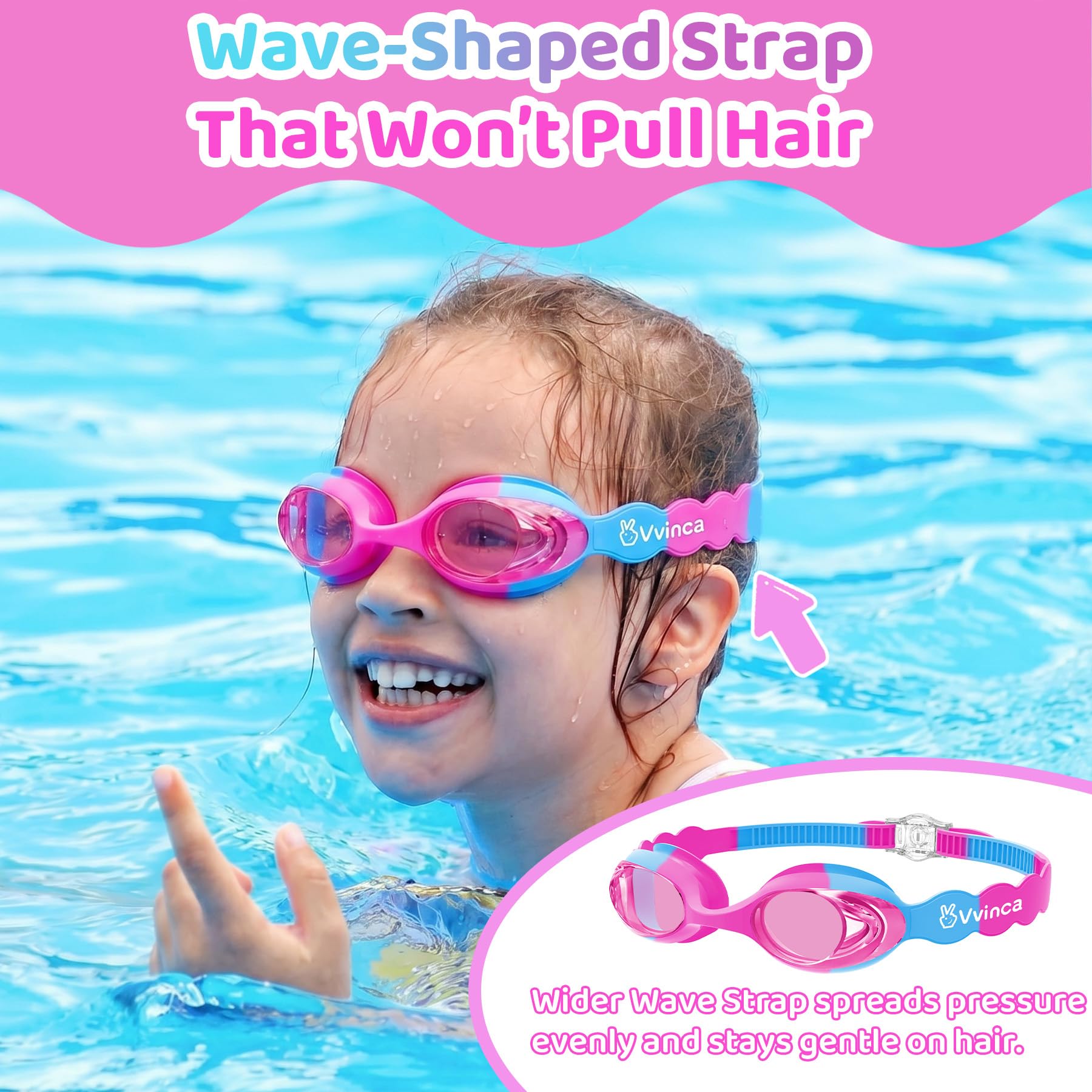 Vvinca Kids Swim Goggles with Fabric Strap No Tangle Pain-Free, Anti-Fog Swimming Pool Goggle No Leak for Toddlers Girls Boys