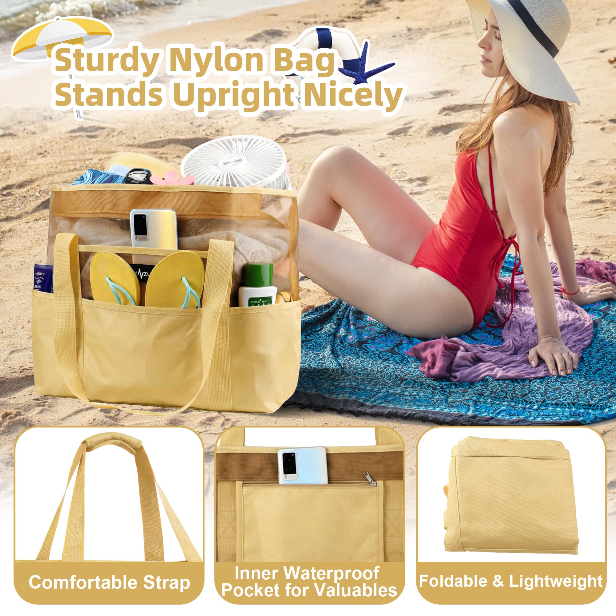 Mesh Beach Bag - Large Waterproof Beach Tote Bag with Zipper, Oversized Foldable Lightweight Family Swim Bag Vacation