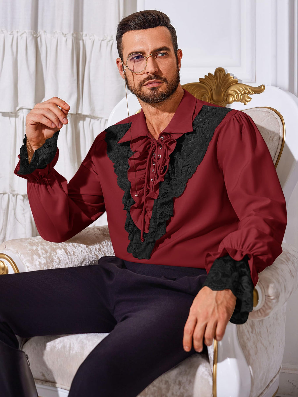 Runcati Mens Pirate Shirt Ruffle Renaissance Victorian Vampire Poet Shirts Steampunk Gothic Medieval Lace Costume