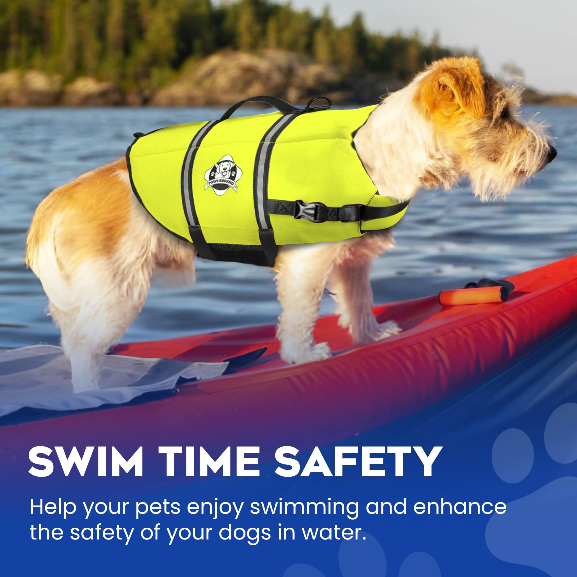 Dog Life Jacket — Premium Swim Vest with SafeChin Anti-Choke Collar | PAWS Aboard Blue & Yellow | RapidLift Rescue Handle, D-Ring, Reflective Trim | Boating, Kayaking, Pool | XX-Small (Under 6 lbs)