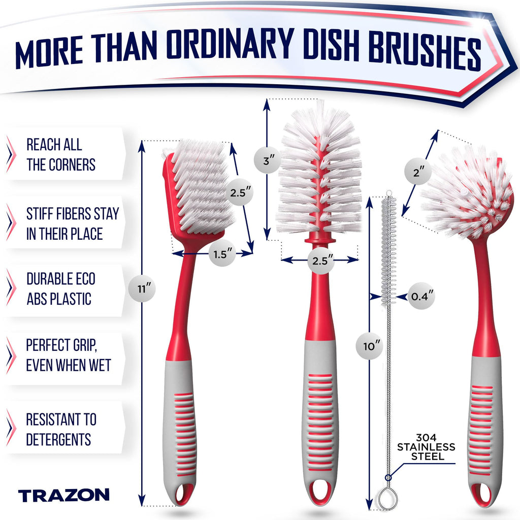 Dish Brush Set of 5 with Holder - Kitchen Scrub Brushes with Non-Slip Long Handle for Cleaning, Scrubber, Dishwashing, Dishes, Bottles, Straws, Cups, Pots & Sink, Baige