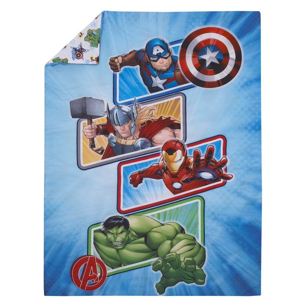 NoJo Marvel The Avengers I Am A Hero Blue, Green, Red, and Yellow 4 Piece Toddler Bed Set - Comforter, Fitted Bottom Sheet, Flat Top Sheet, and Reversible Pillowcase