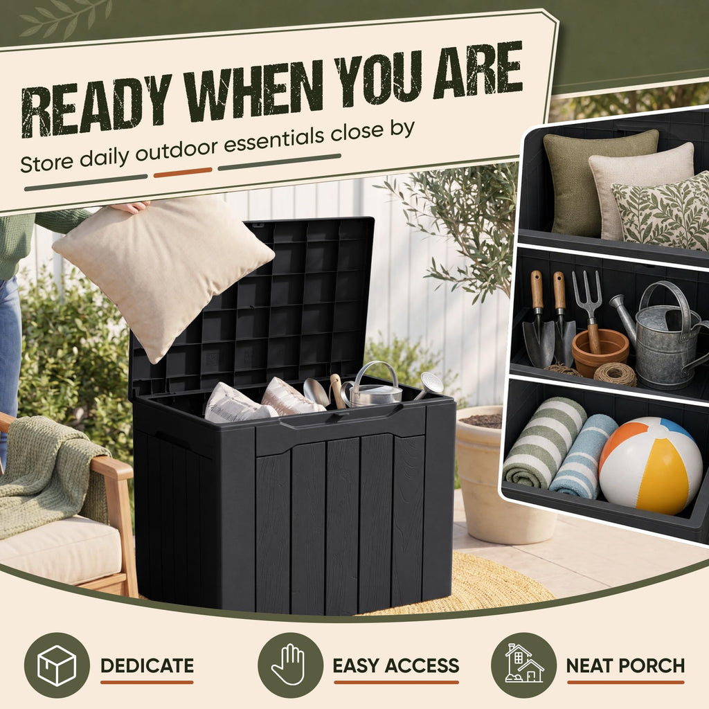 Flamaker Deck Box 30 Gallon, Waterproof Resin Small Storage Box with Lid, Outdoor Patio Furniture Cushion Garden Tool Organizer, Lockable Package Delivery Box for Porch Balcony (Black)