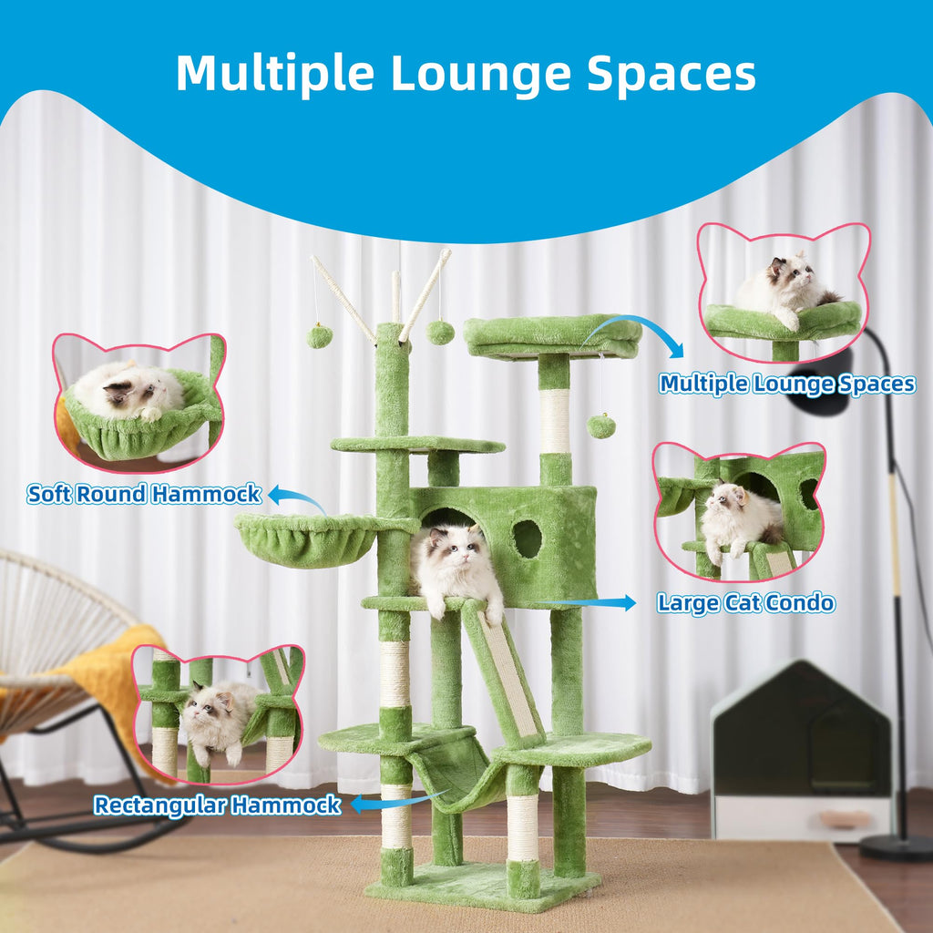 Hey-brother Cat Tree, 53 inch Cat Tower for Indoor Cats, Cat House with Padded Platform Bed, Toy Balls, Large Cozy Condo, Hammocks and Sisal Scratching Posts, Beige MPJ019-SM