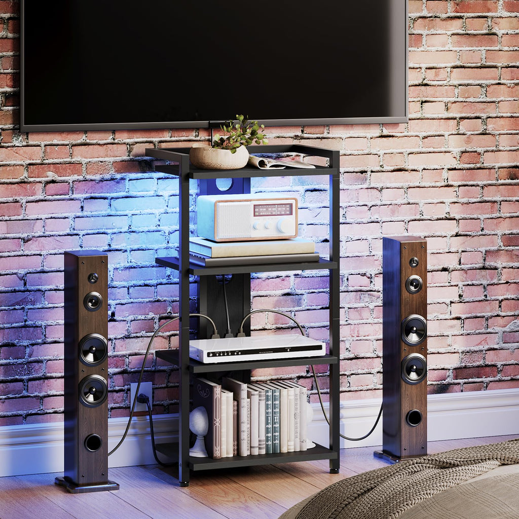 HOOBRO Game Console Shelf, 4-Tier Video Gaming Consoles Stand with Outlet & RGB Light, Audio Rack Tower for Turntable, Stereo Equipment, Wooden Entertainment Storage Stand, Black BB38UDCJ01