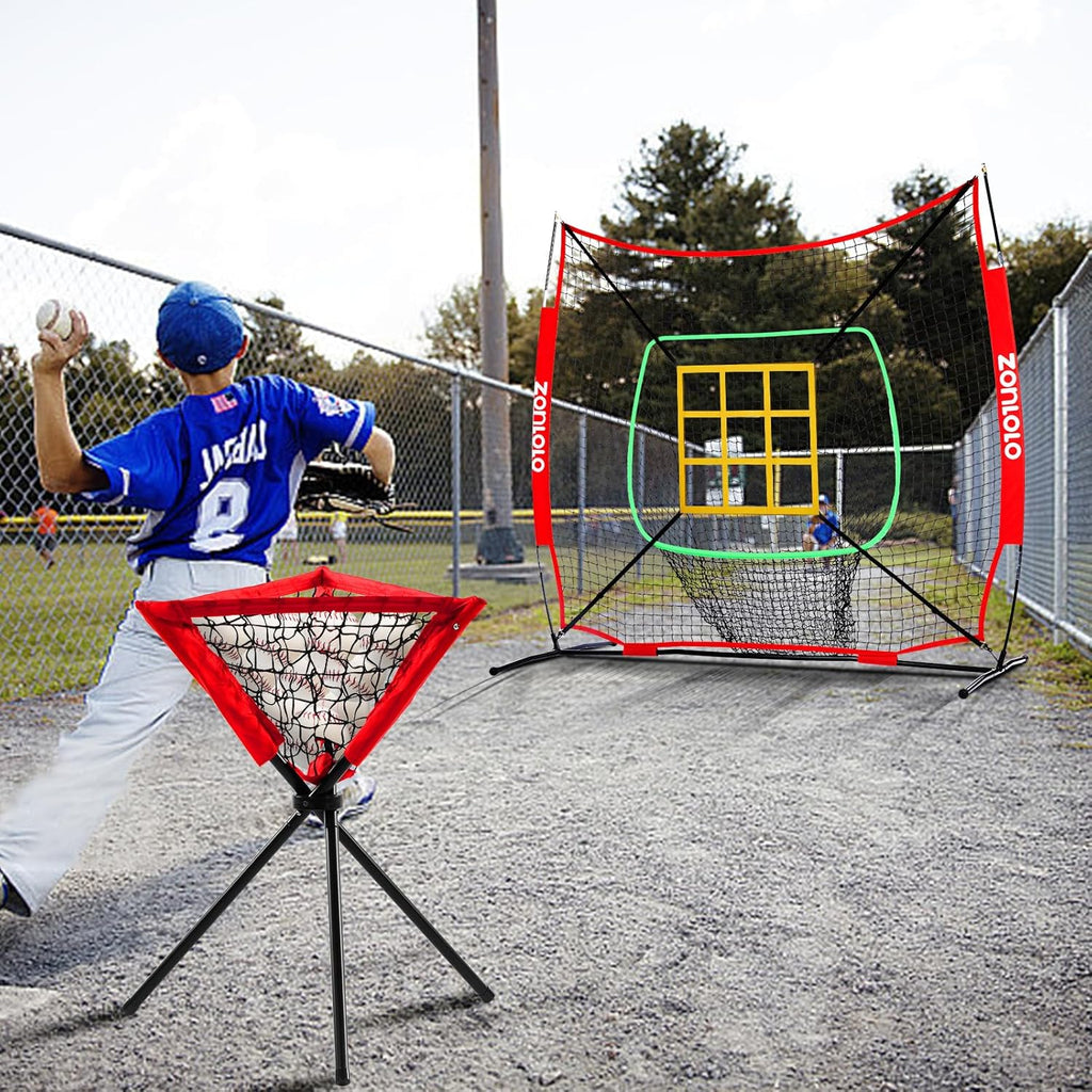 ZONLOLO 6x6ft Portable Baseball & Softball Net for Hitting，Pitching and Throwing, with Sturdy Bow Frame,Battting Tee,Ball Caddy and 2 Strike Zones, Perfect Pitching net for Kids!