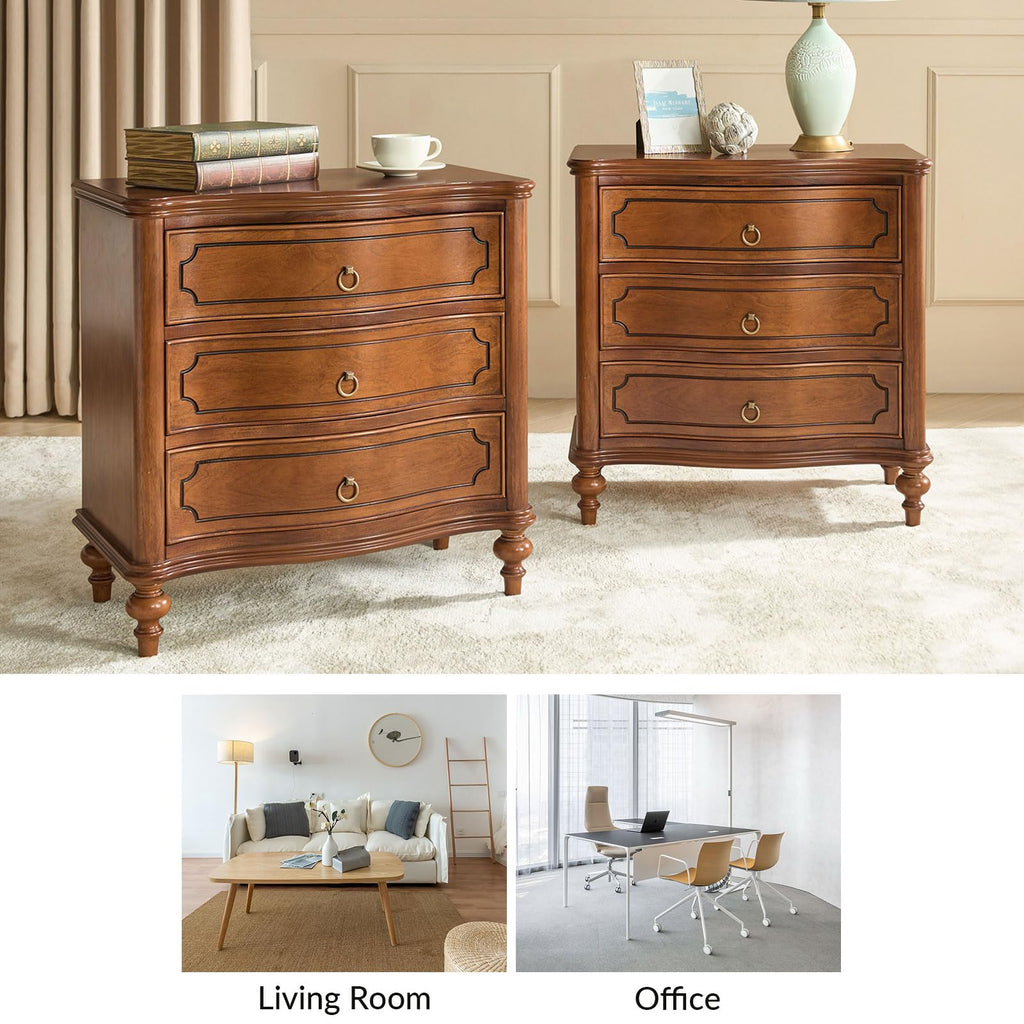 HULALA HOME Traditional Side Table with 3 Drawers, Tall Side Table with Curved Front Profle Desgin, Charging Station, Solid Wood Legs, Black
