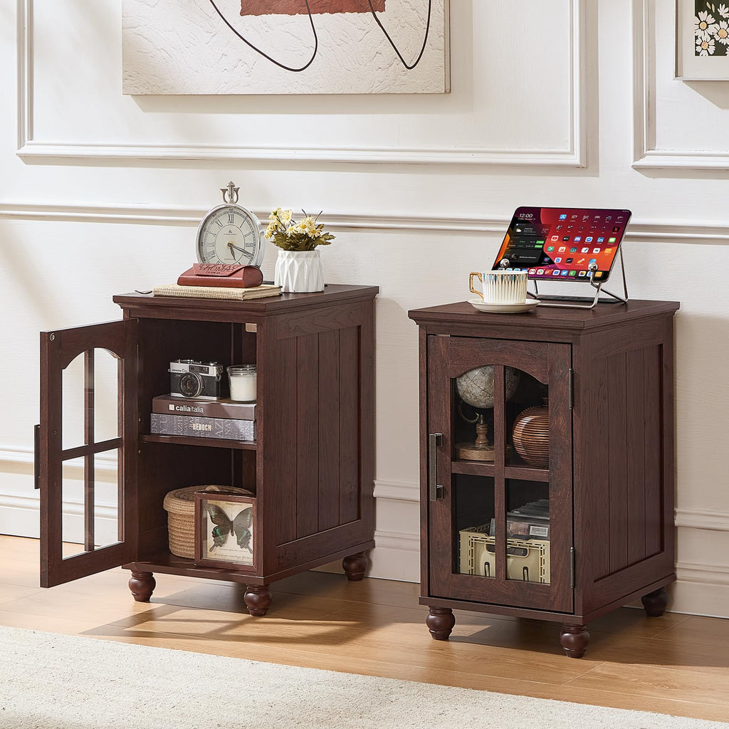 Narrow Side Table,Farmhouse Nightstand with Charging Station,Wood End Table with Glass Barn Door Storage, Cabinet Organizer with Adjustable Shelf, Night Stand for Small Spaces for Living Room Bedroom