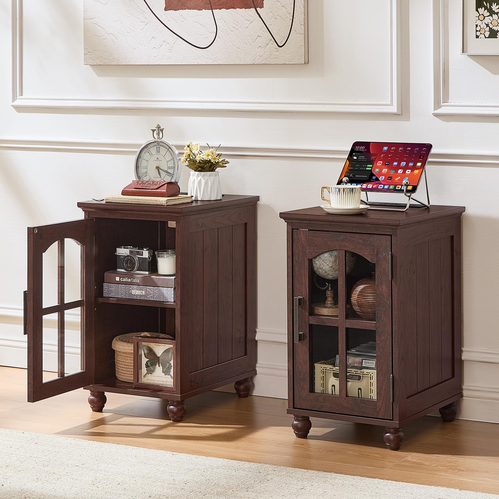 Narrow Side Table,Farmhouse Nightstand with Charging Station,Wood End Table with Glass Barn Door Storage, Cabinet Organizer with Adjustable Shelf, Night Stand for Small Spaces for Living Room Bedroom