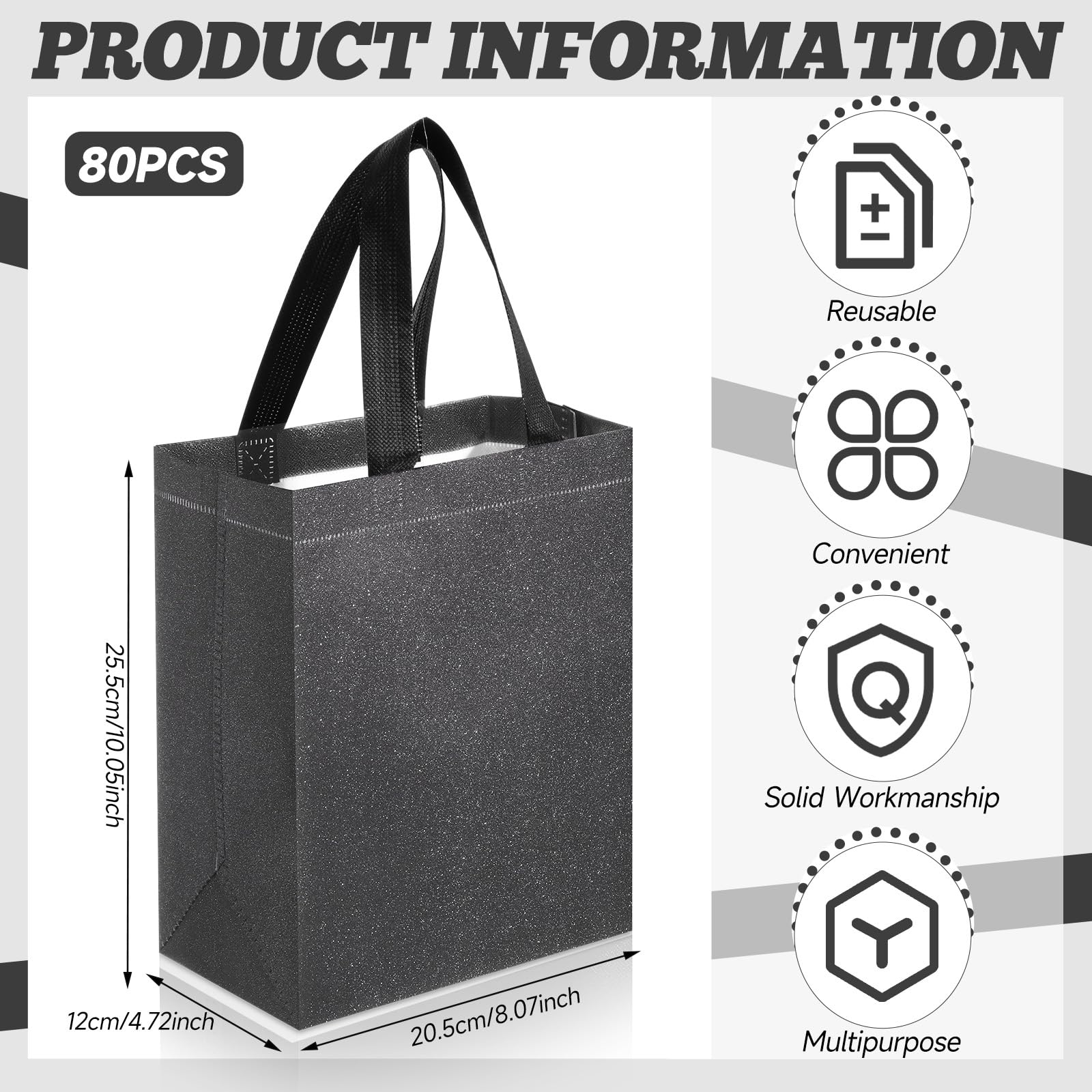 Eccliy 80 Pcs Reusable Gift Bags Set Glossy Grocery Gift Tote Bag with Hadnle for Wedding, Father's Day, Graduation, Summer Event (10 x 8 x 4.7 Inch,Black)