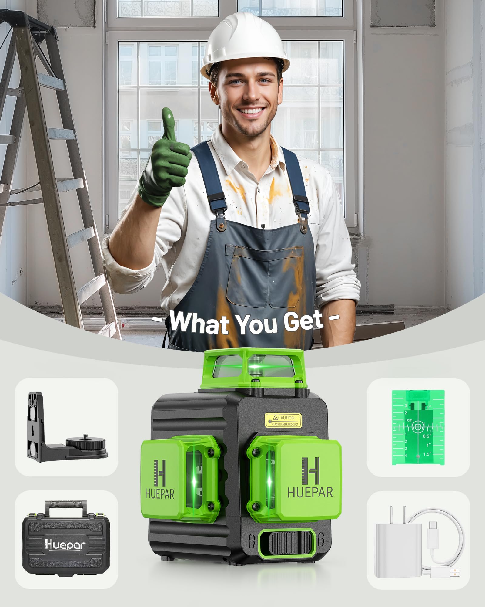 Huepar B03CG Professional 3D Laser Level 360° Self Leveling with 50" Tripod, 3x360 Niveau Laser Tool, 3 Plane Cross Line Lazer Leveler Green Beam, Type-C Charging Port Included