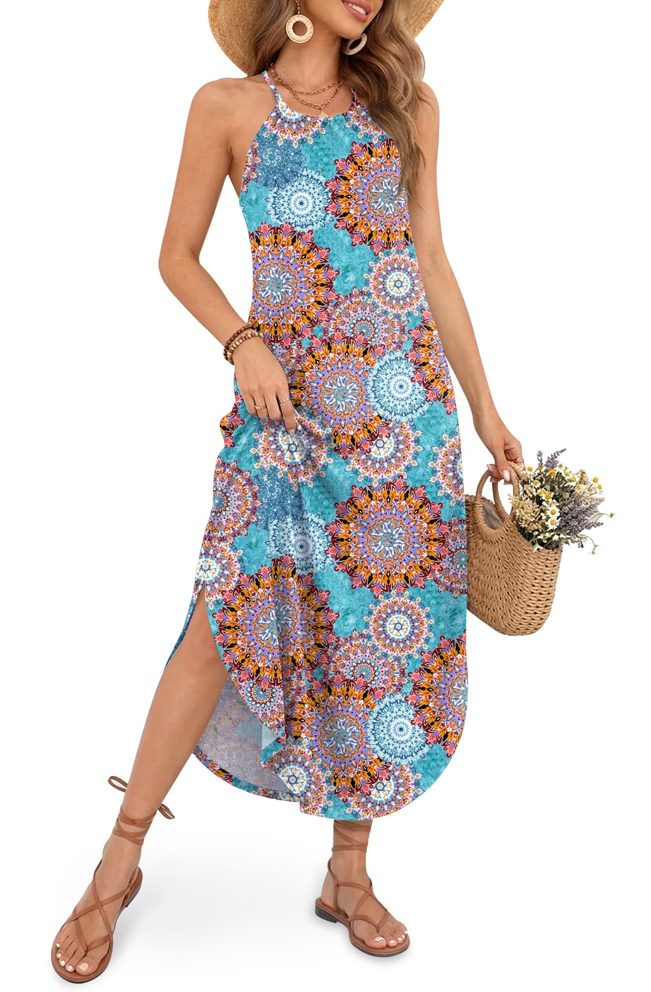 For G and PL Women's Summer Casual Halter Side Slit Maxi Beach Dress Resort Vacation Cruise Wear Sundress