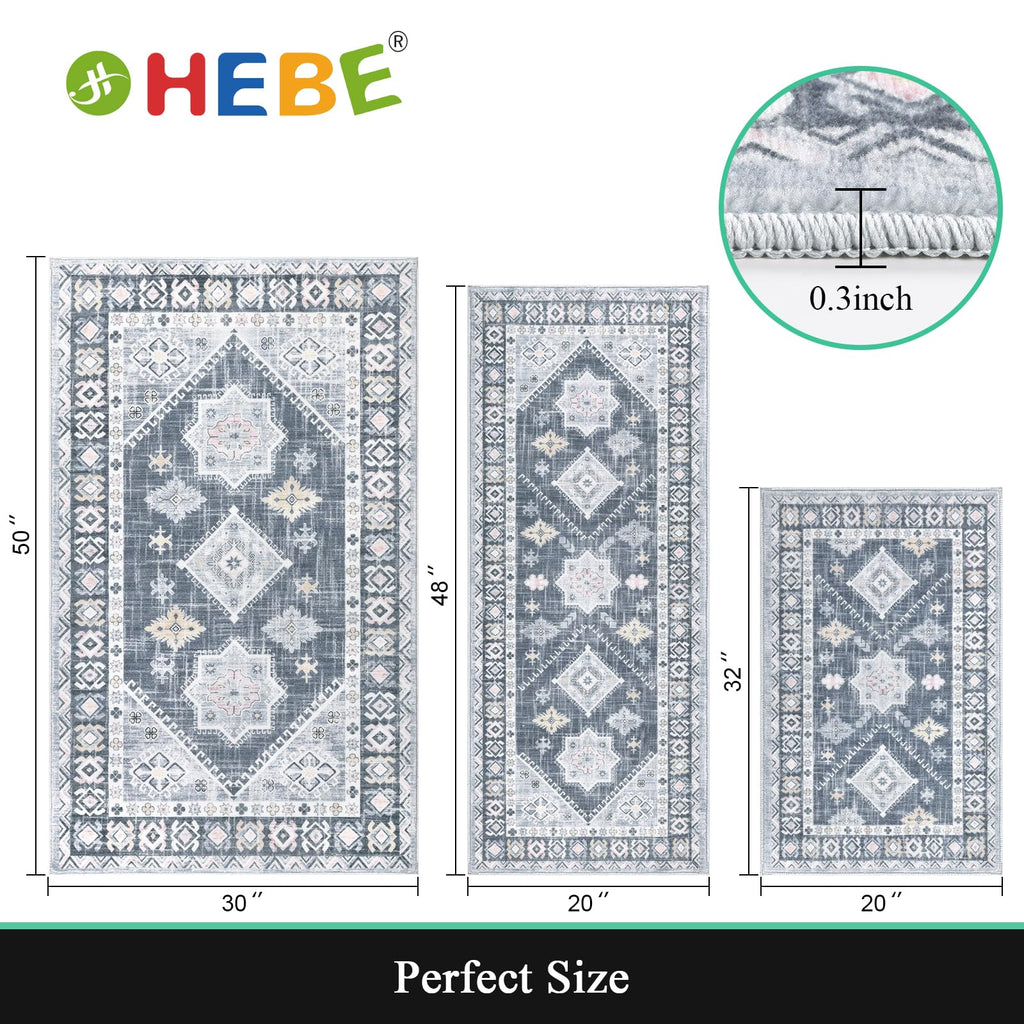 HEBE Boho Kitchen Rug Sets 3 Piece with Runner Non Slip Kitchen Rugs and Mats Washable Kitchen Mats for Floor Thick Kitchen Floor Mat Carpet Runner Rugs for Hallway Laundry Holiday Decor