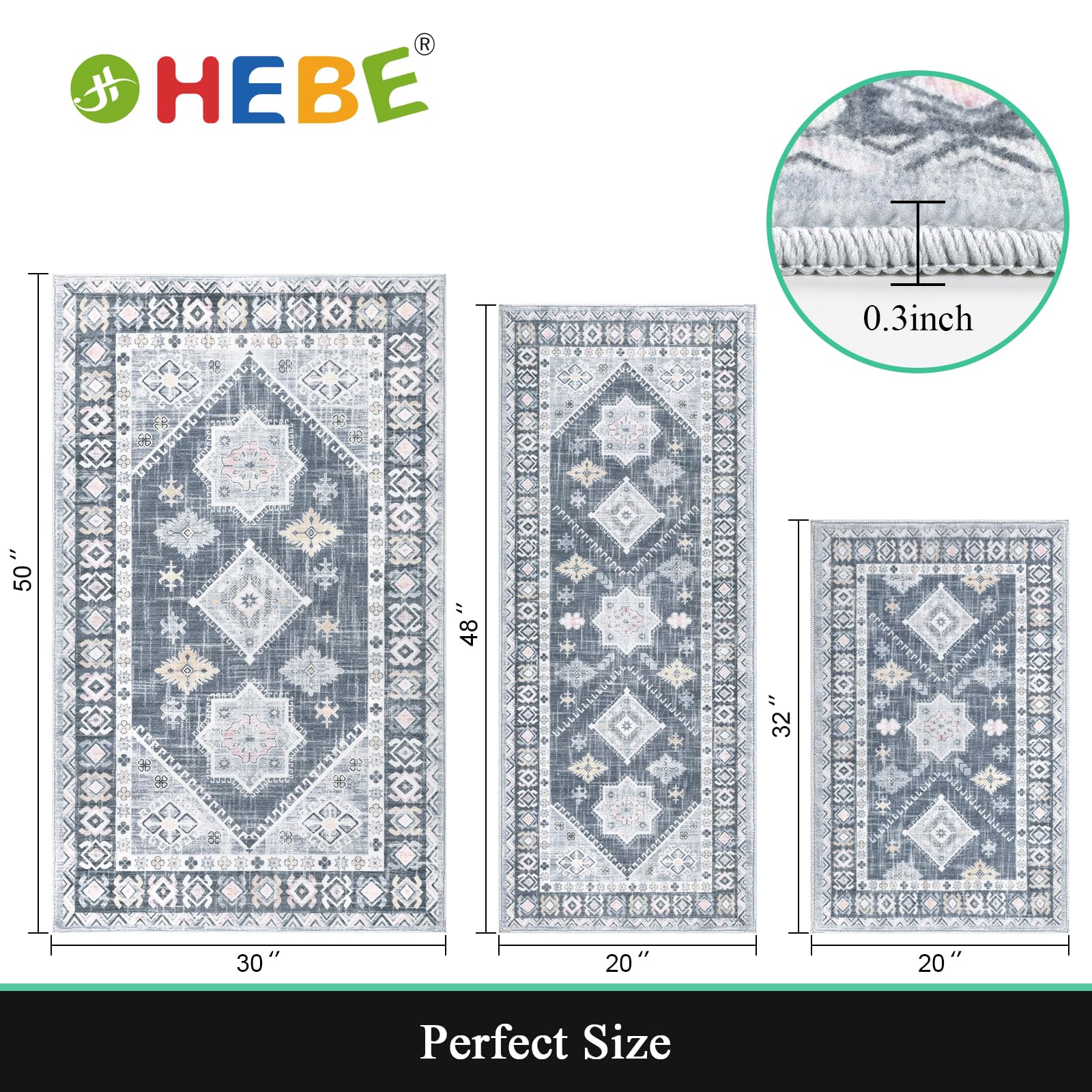 HEBE Boho Kitchen Rug Sets 3 Piece with Runner Non Slip Kitchen Rugs and Mats Washable Kitchen Mats for Floor Thick Kitchen Floor Mat Carpet Runner Rugs for Hallway Laundry Holiday Decor